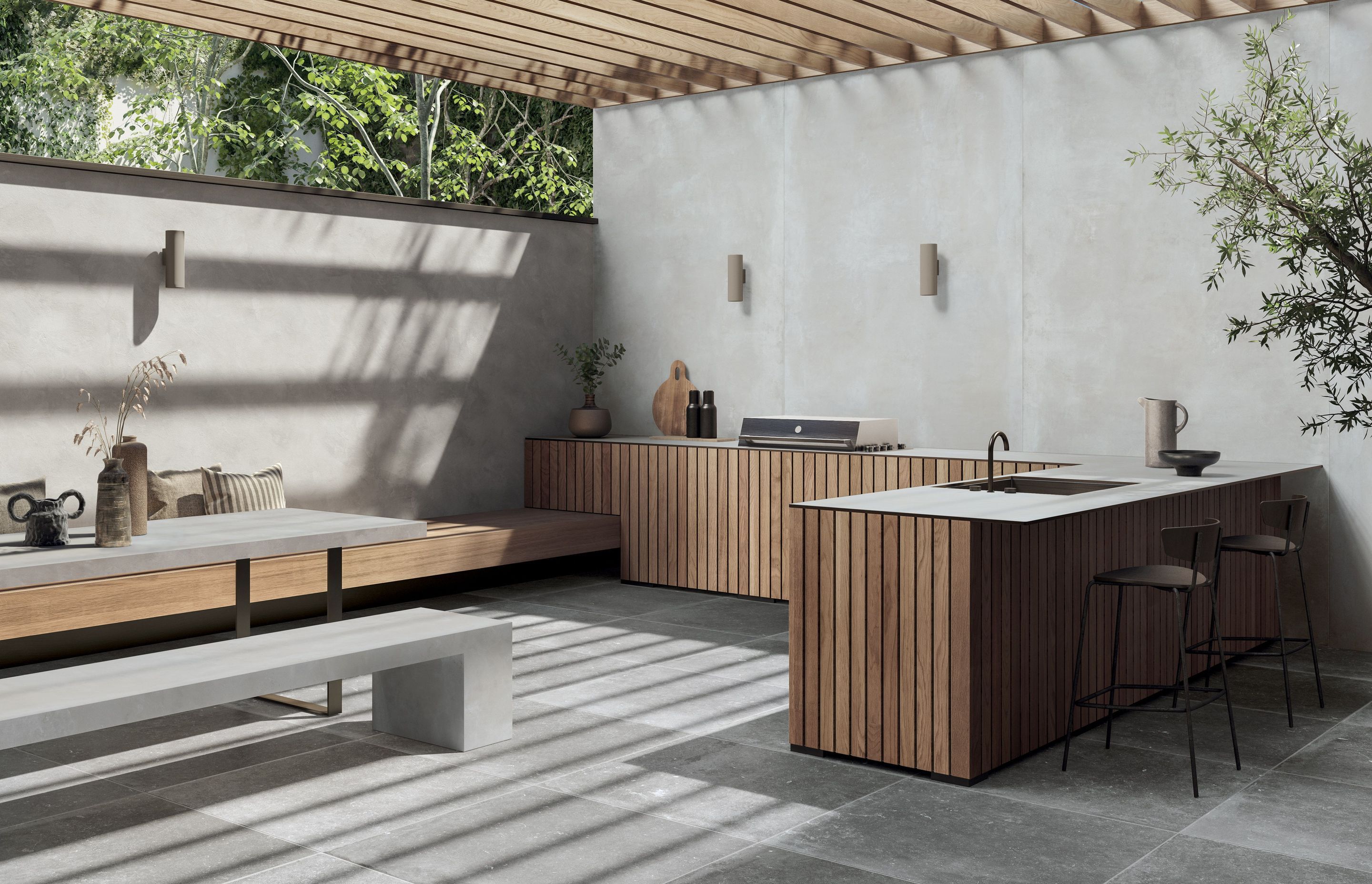 Porcelain slabs can be used outdoors for bench tops, walls, furniture and more.