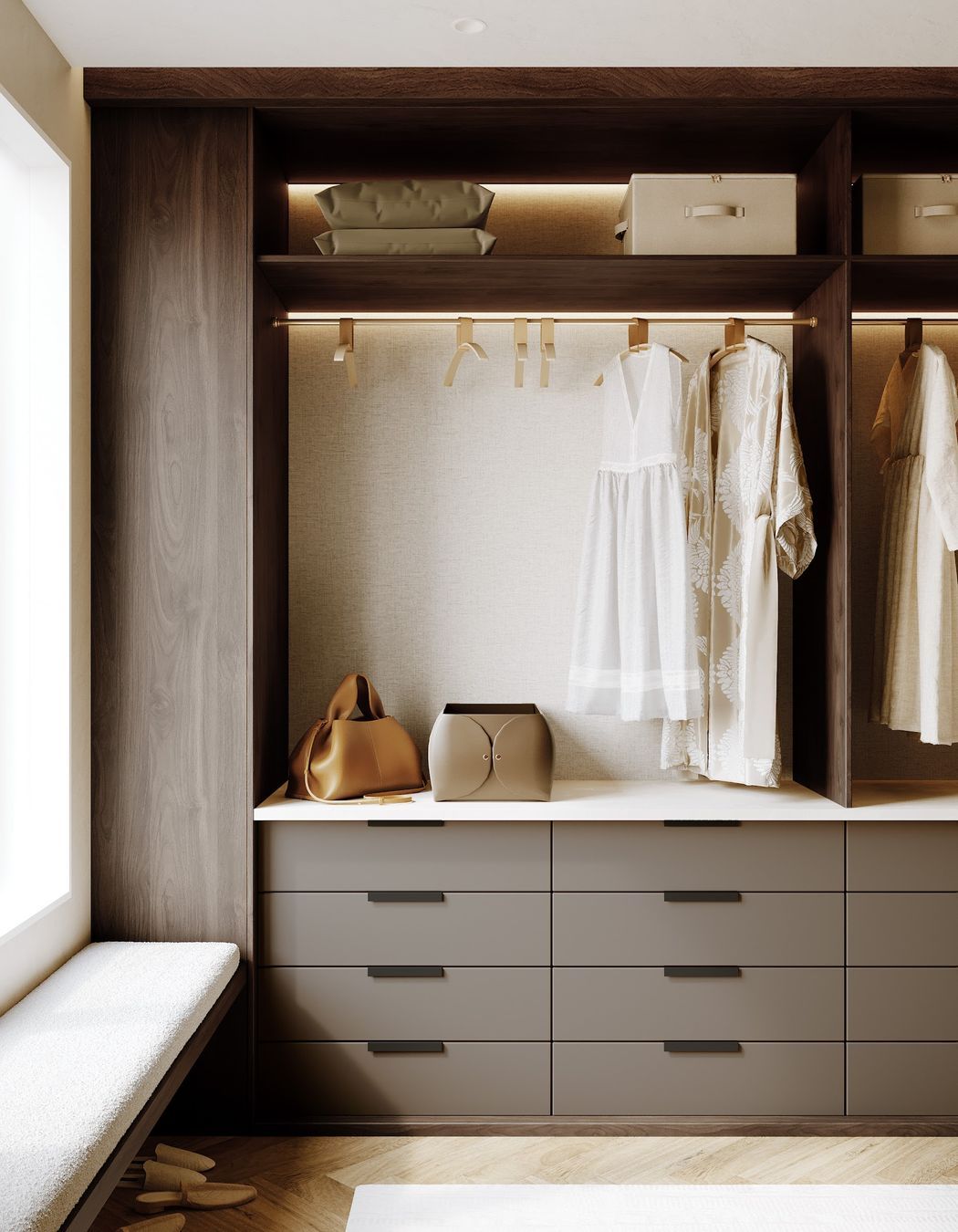 A refined wardrobe detail featuring DesignerOne’s rich woodgrain tones paired with soft, neutral drawer fronts for a beautifully balanced interior finish.