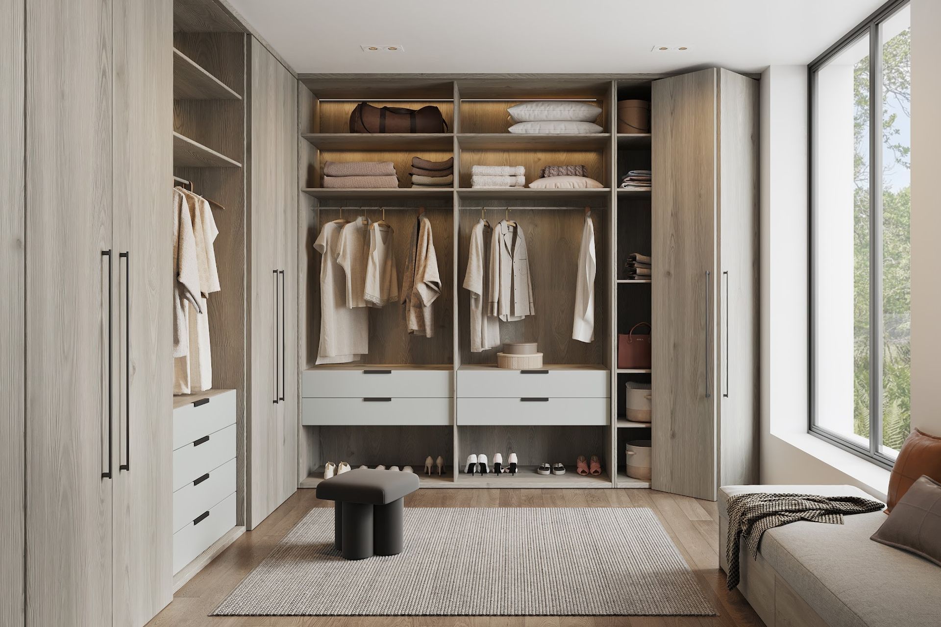 DesignerOne brings warmth and structure to this contemporary wardrobe, pairing realistic woodgrain panels with subtle internals for a seamless, considered finish.
