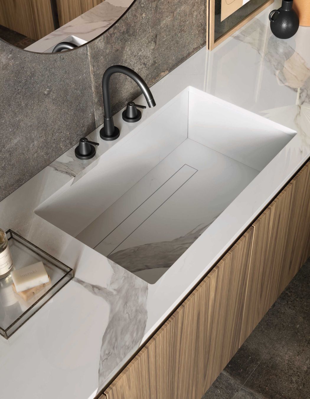 Porcelain can be used to create a seamless bathroom design.