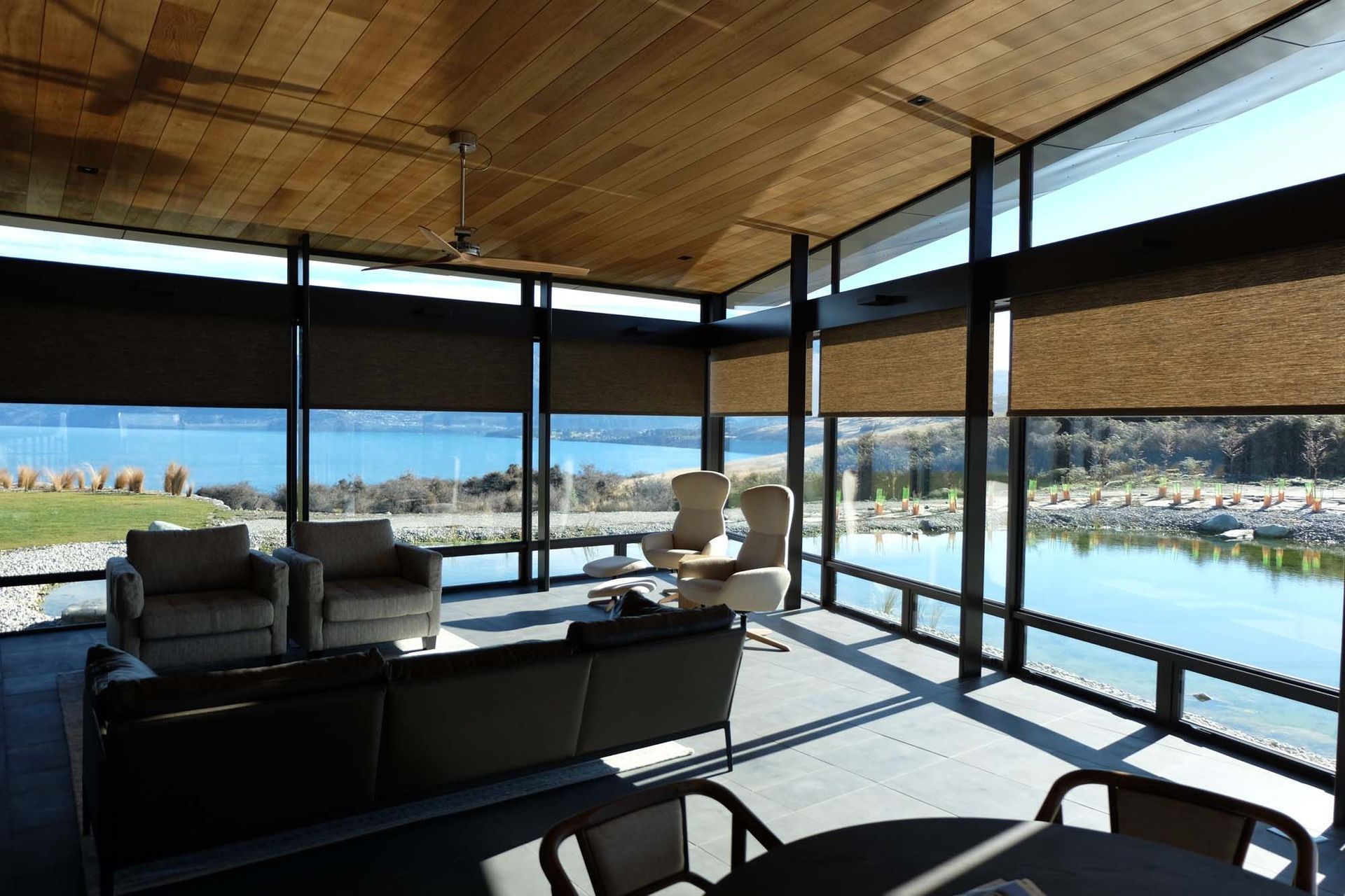 Automated blinds, like these from Strawberry Sound, allow for easy light control.