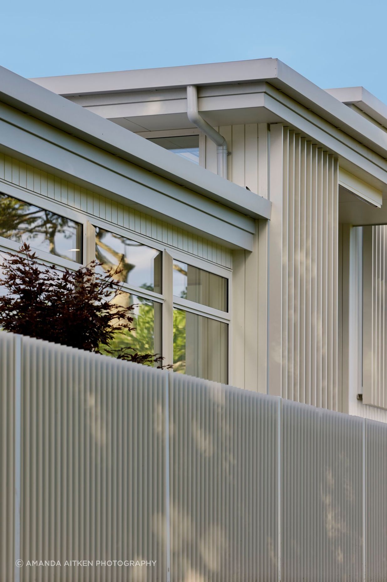 White-painted timber cladding reflects the coastal New Zealand architectural identity.