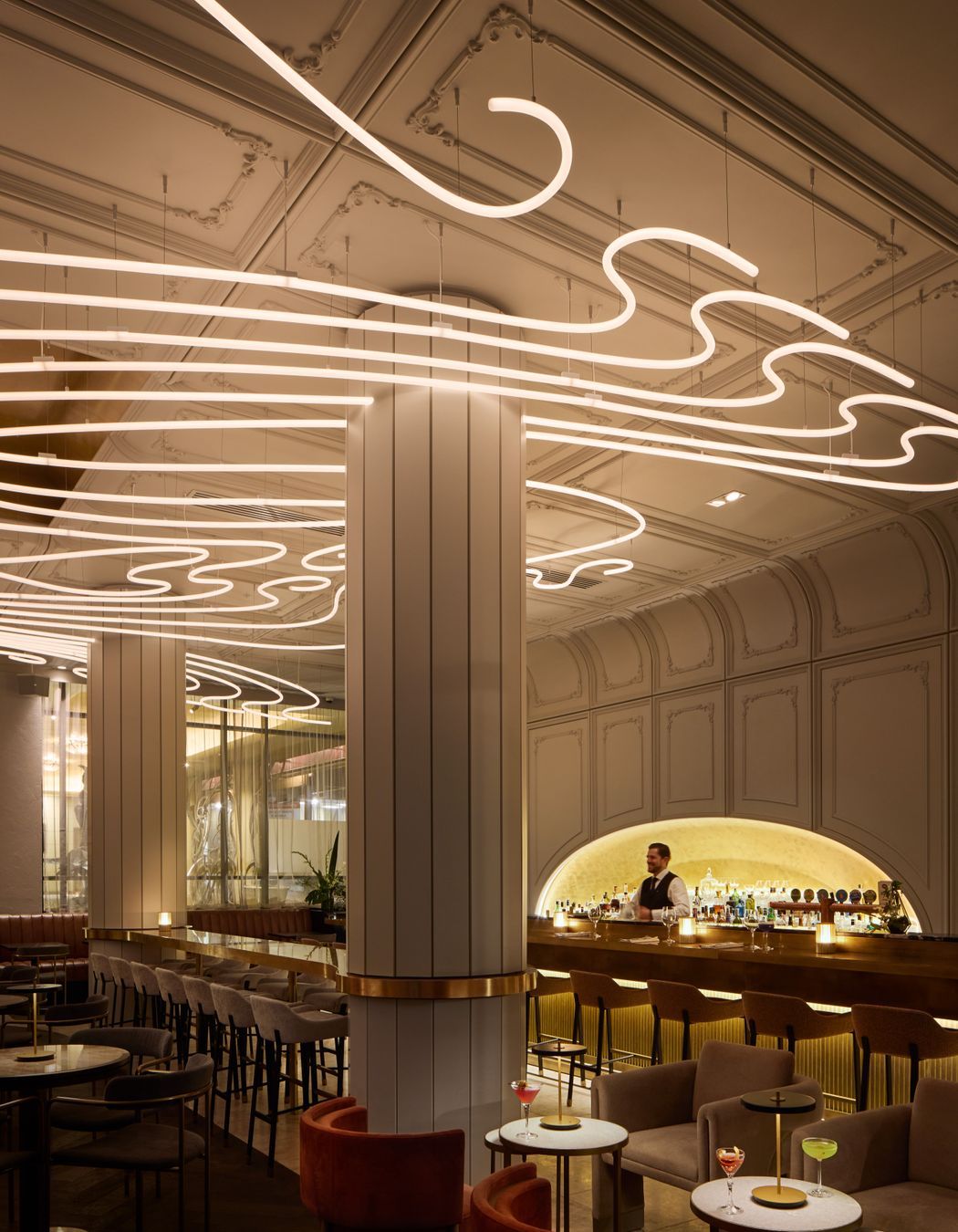 Luma has a bar area and a restaurant space, separated by a cabaret stage for performances.