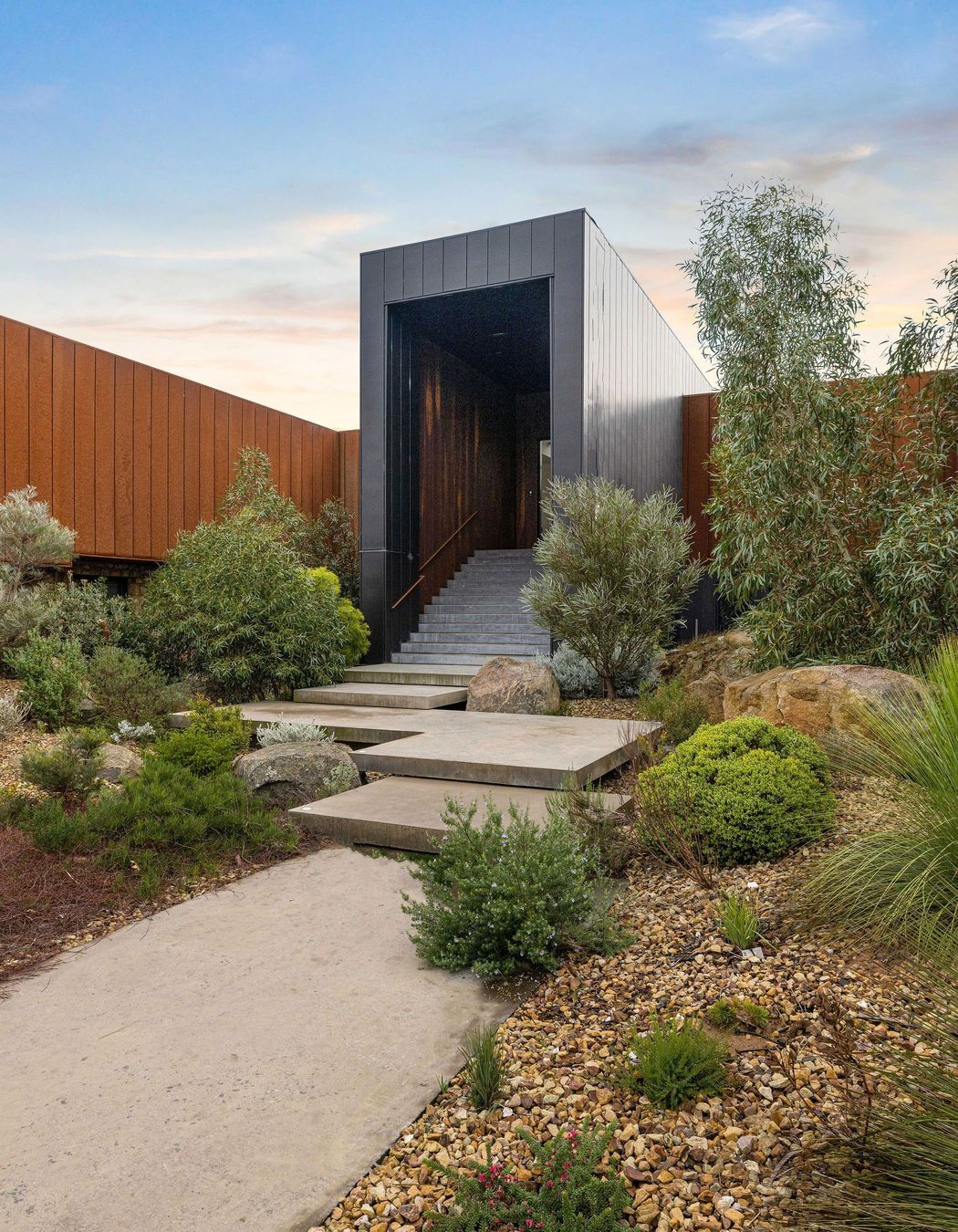 The striking zinc entrance of Euroa House by Robert Harwood Architects