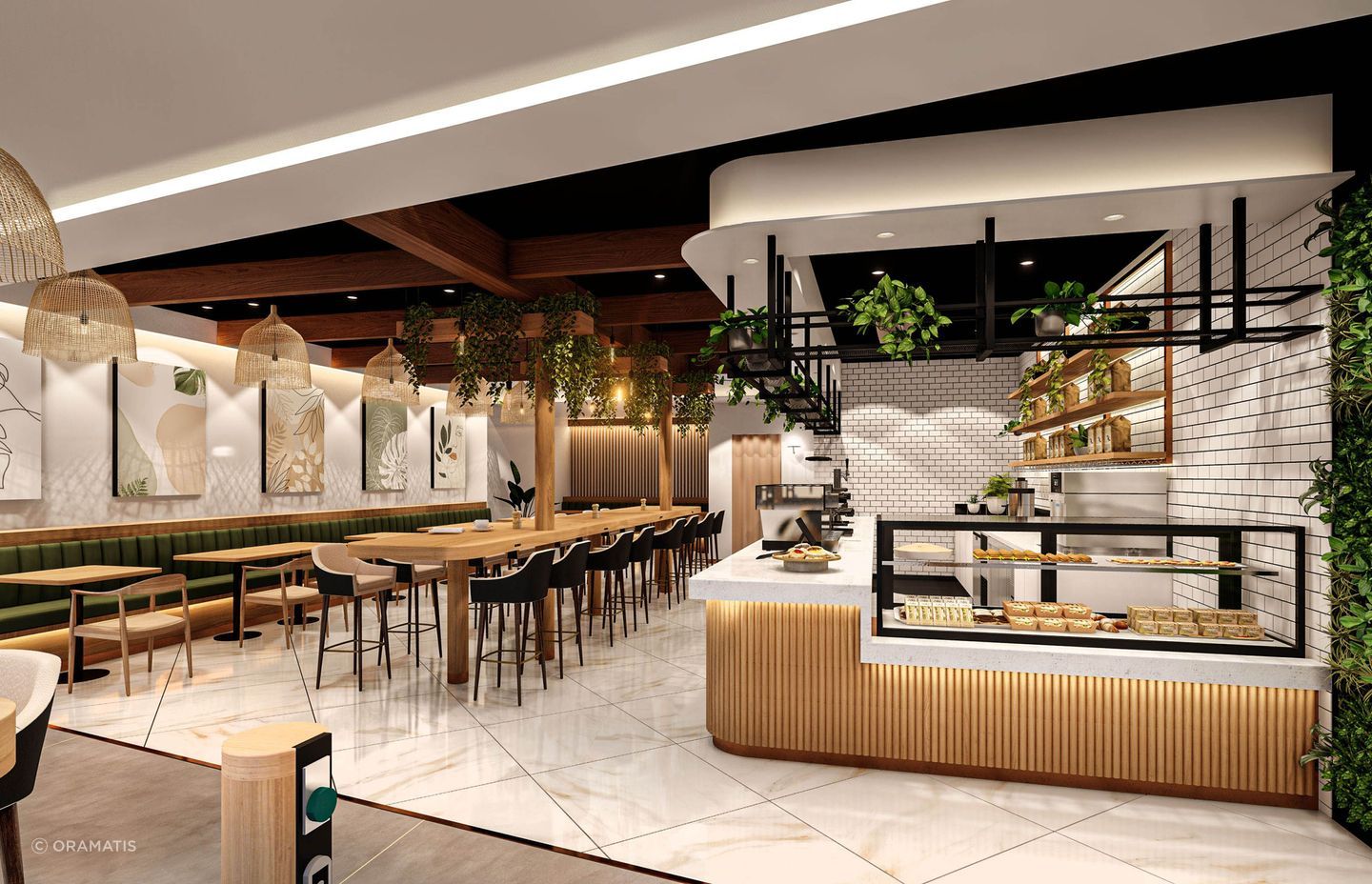 A 3D render of the cafe entrance created by Oramatis.