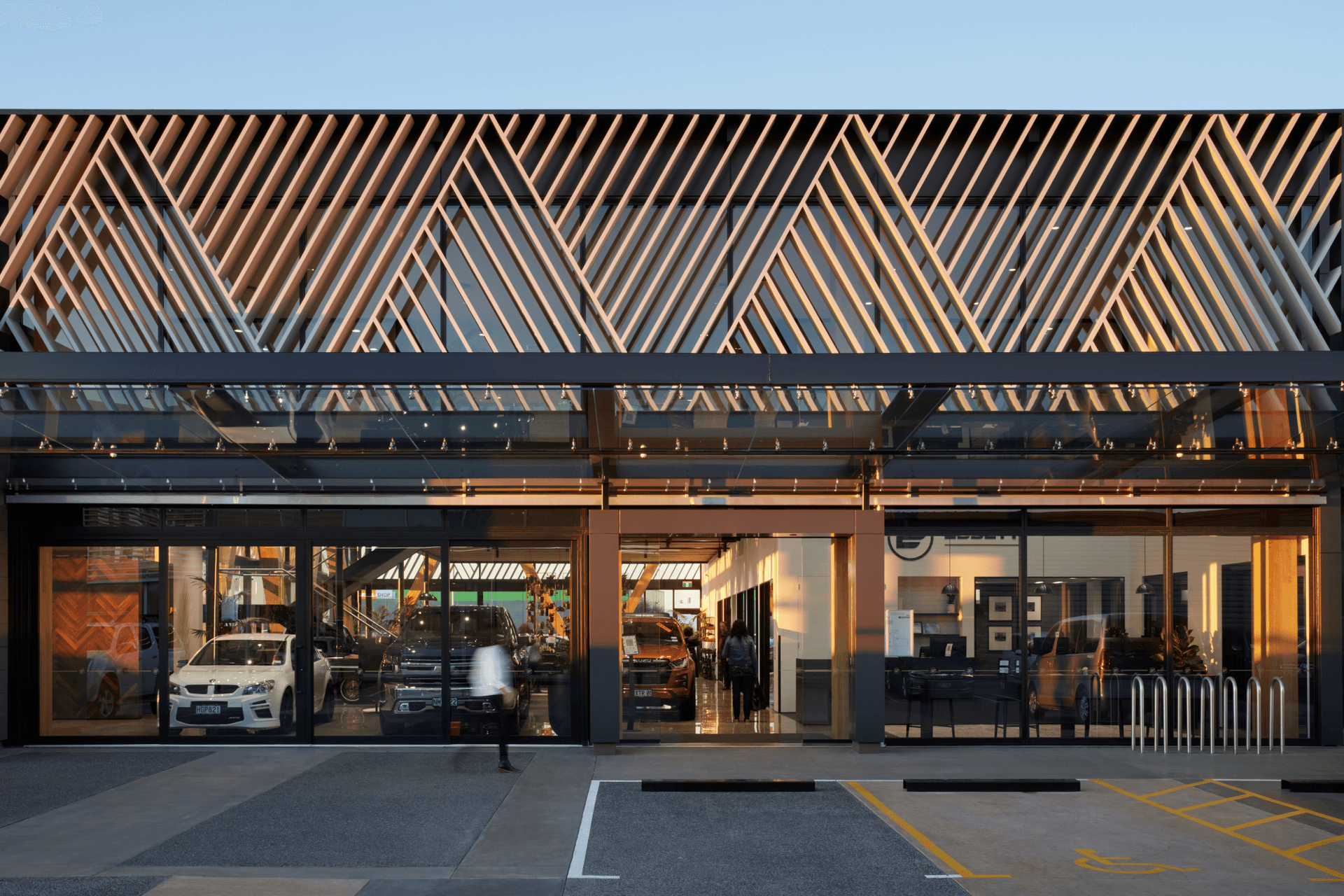 The striking screening creates a focal point on the Ebbett dealership.