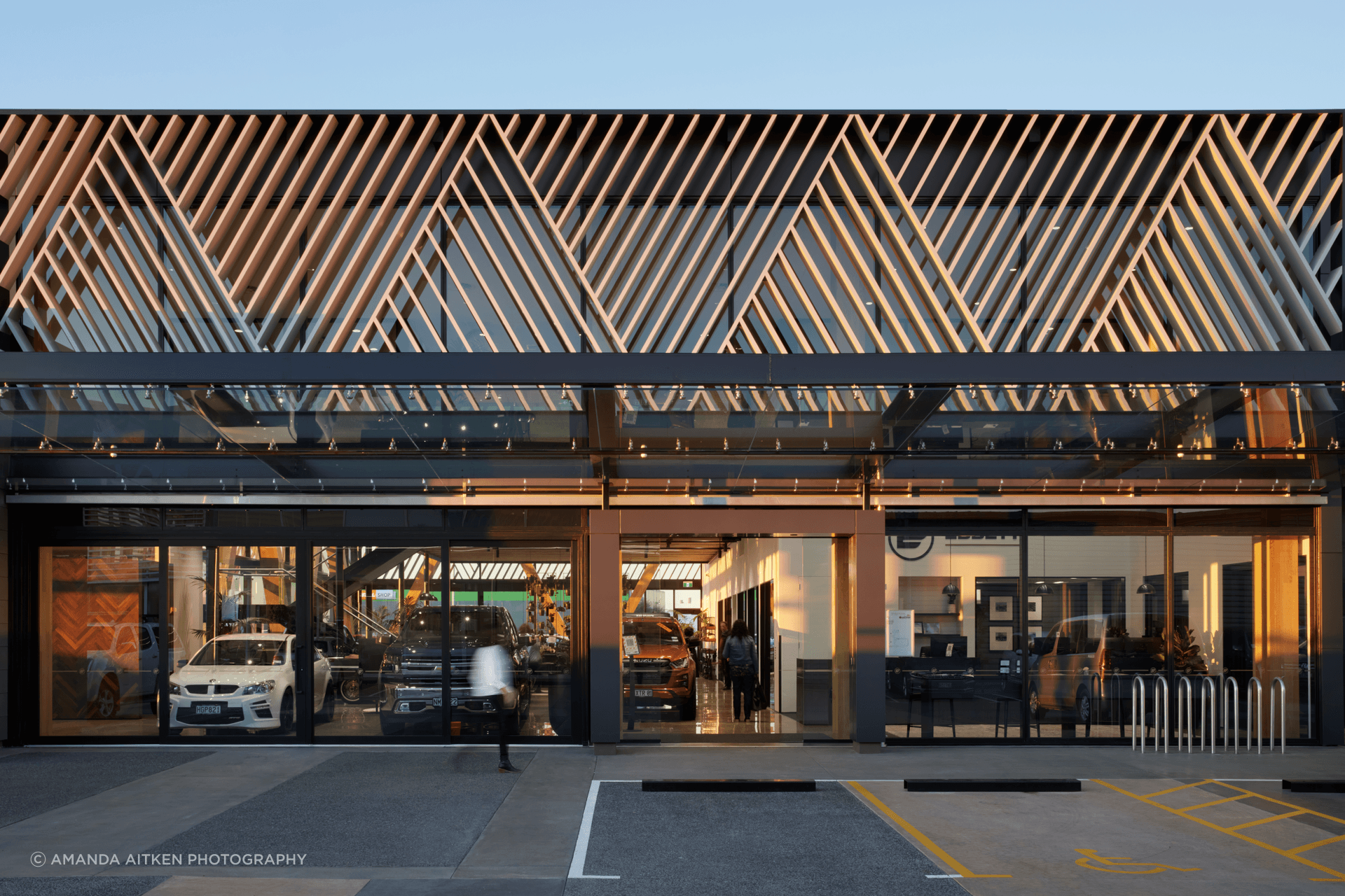 The striking screening creates a focal point on the Ebbett dealership.