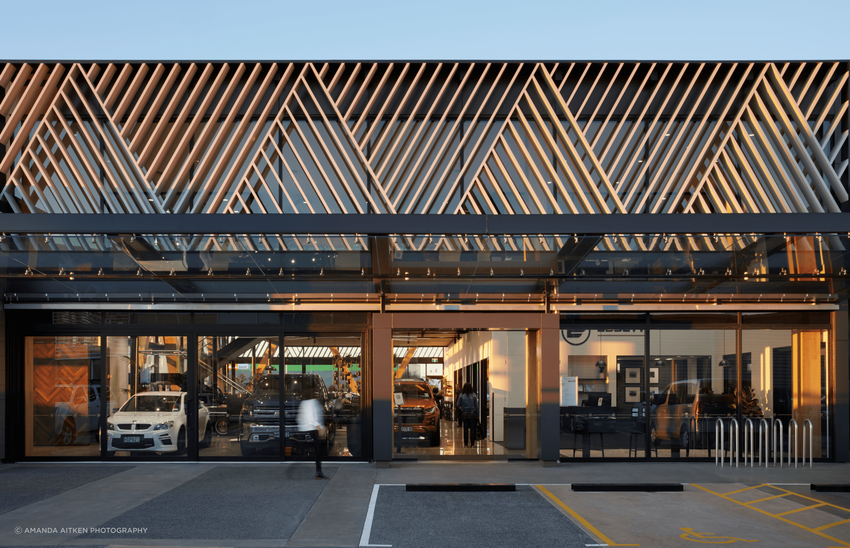 The striking screening creates a focal point on the Ebbett dealership.