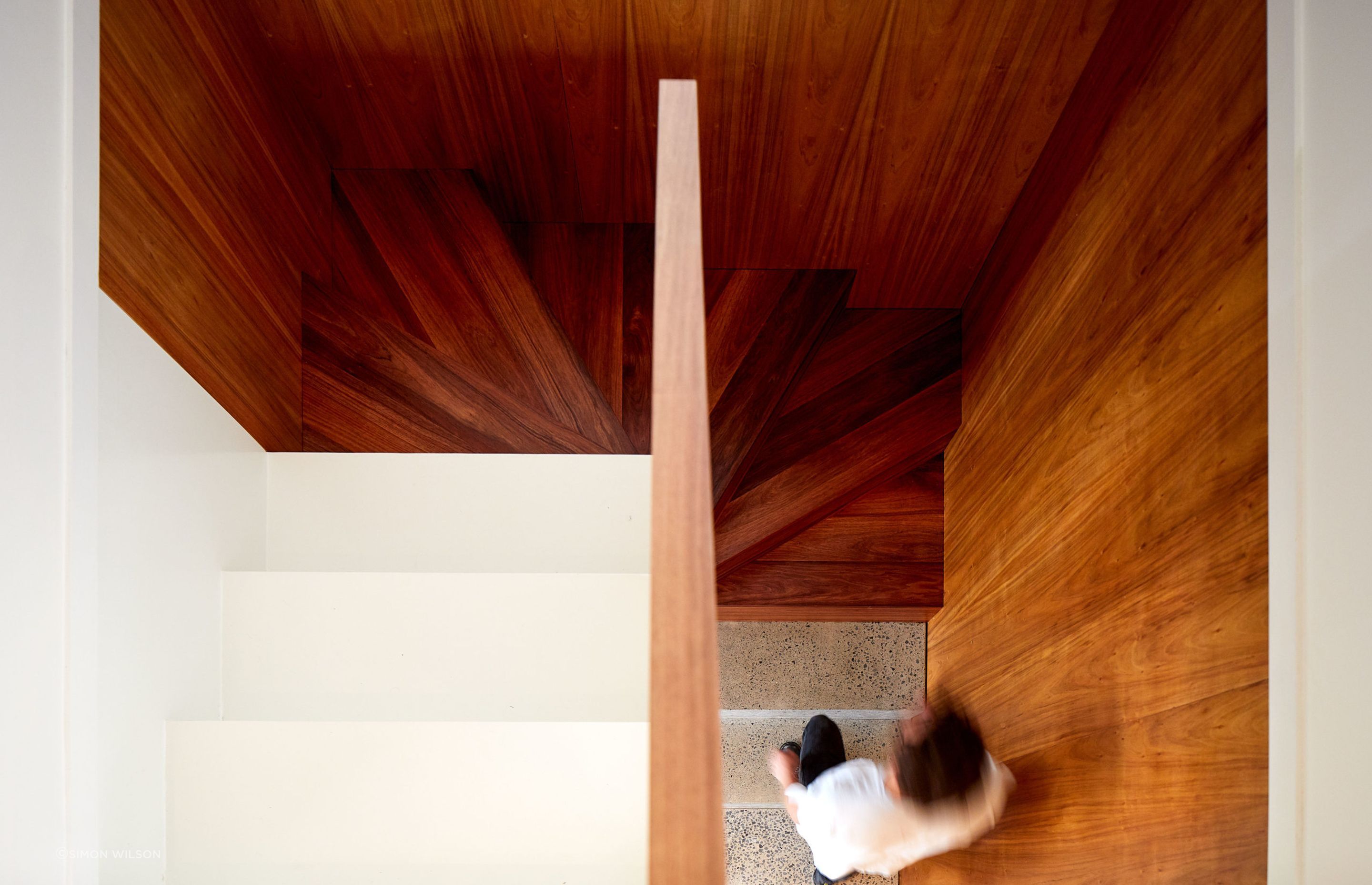 Stairs from the entrance and study to the main living area. The timber is Tasmanian Blackwood. Homeowner Alicia helped pour the concrete as she happened to be on site that day.