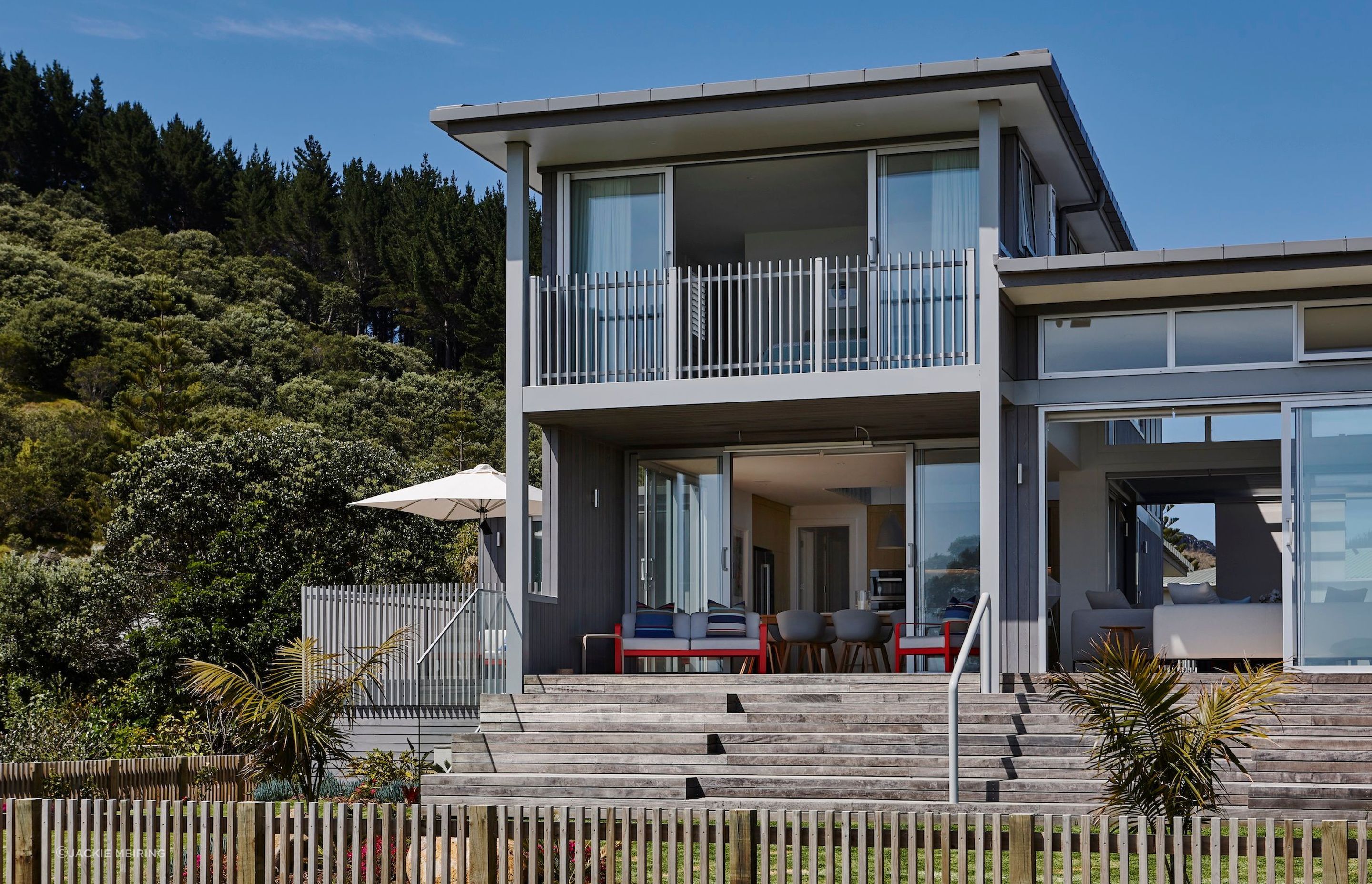 The four-bedroom three-bathroom holiday home by Kate Rogan and Eva Nash of Rogan Nash Architects. “We wanted to make sure it really opened up and was welcoming to the beach and any passers by,” says Kate, “and you could walk from the house to the beach and back again.”