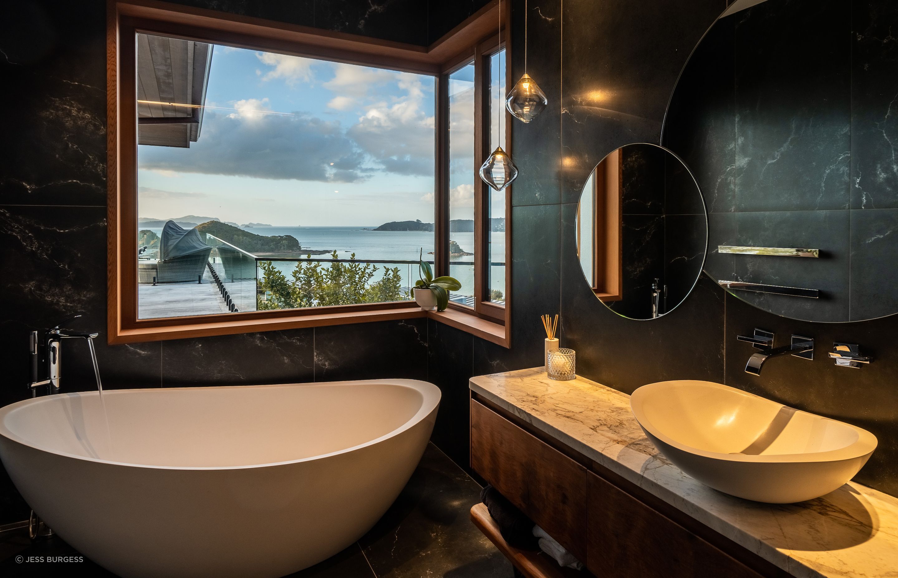 A bathroom with a view. The bath tapware is by Kohler.