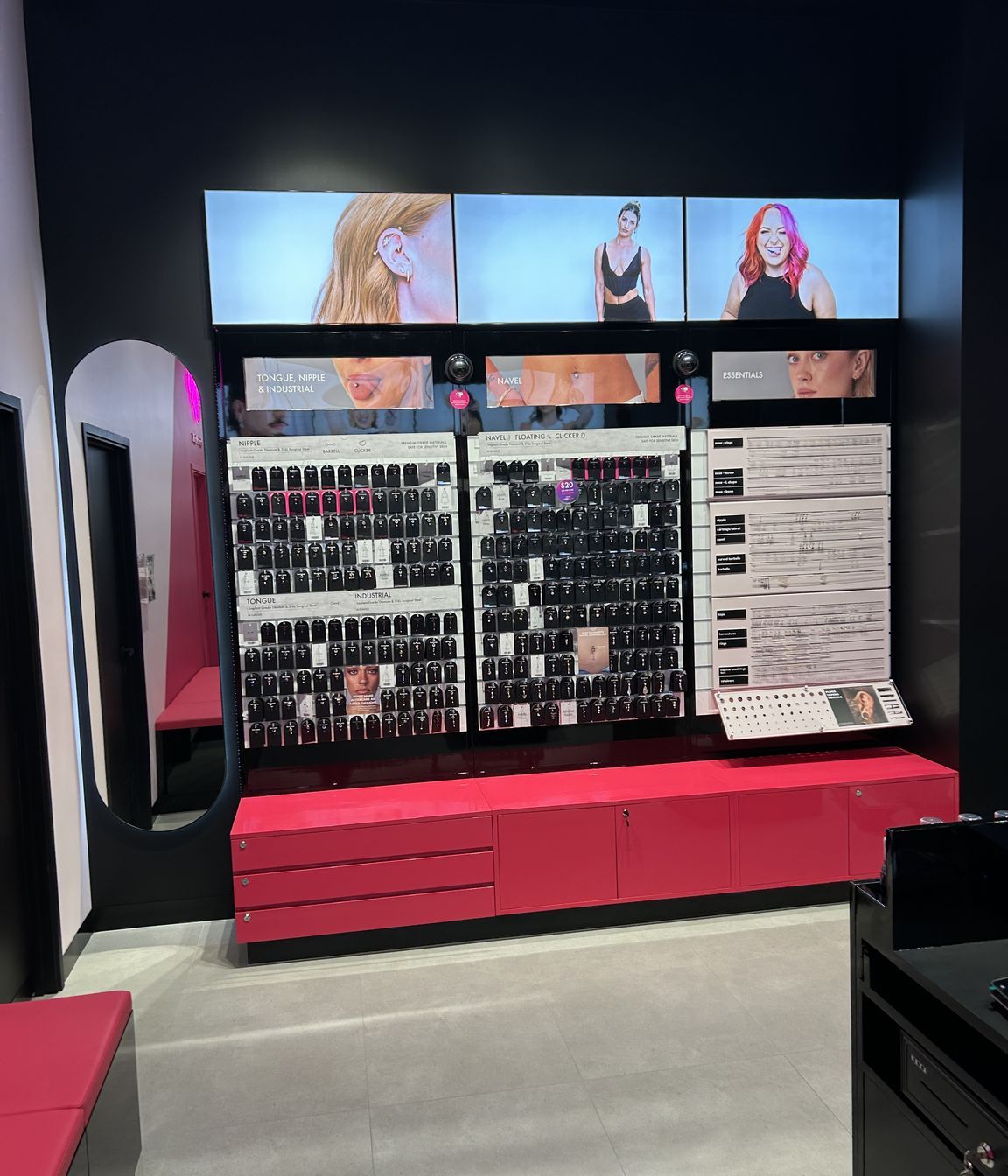 The store's glossy interior features built-in display and storage cabinetry.