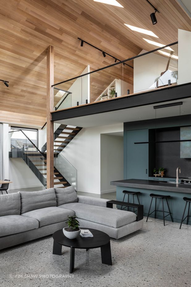 Tasmanian wood lines the raked ceilings.