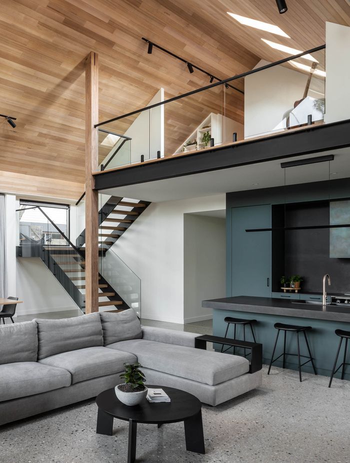 Tasmanian wood lines the raked ceilings.