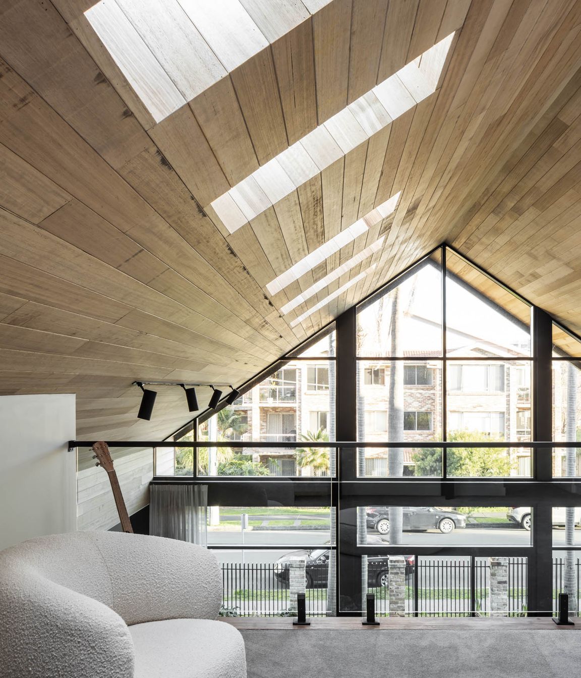 Illuminated by skylights.