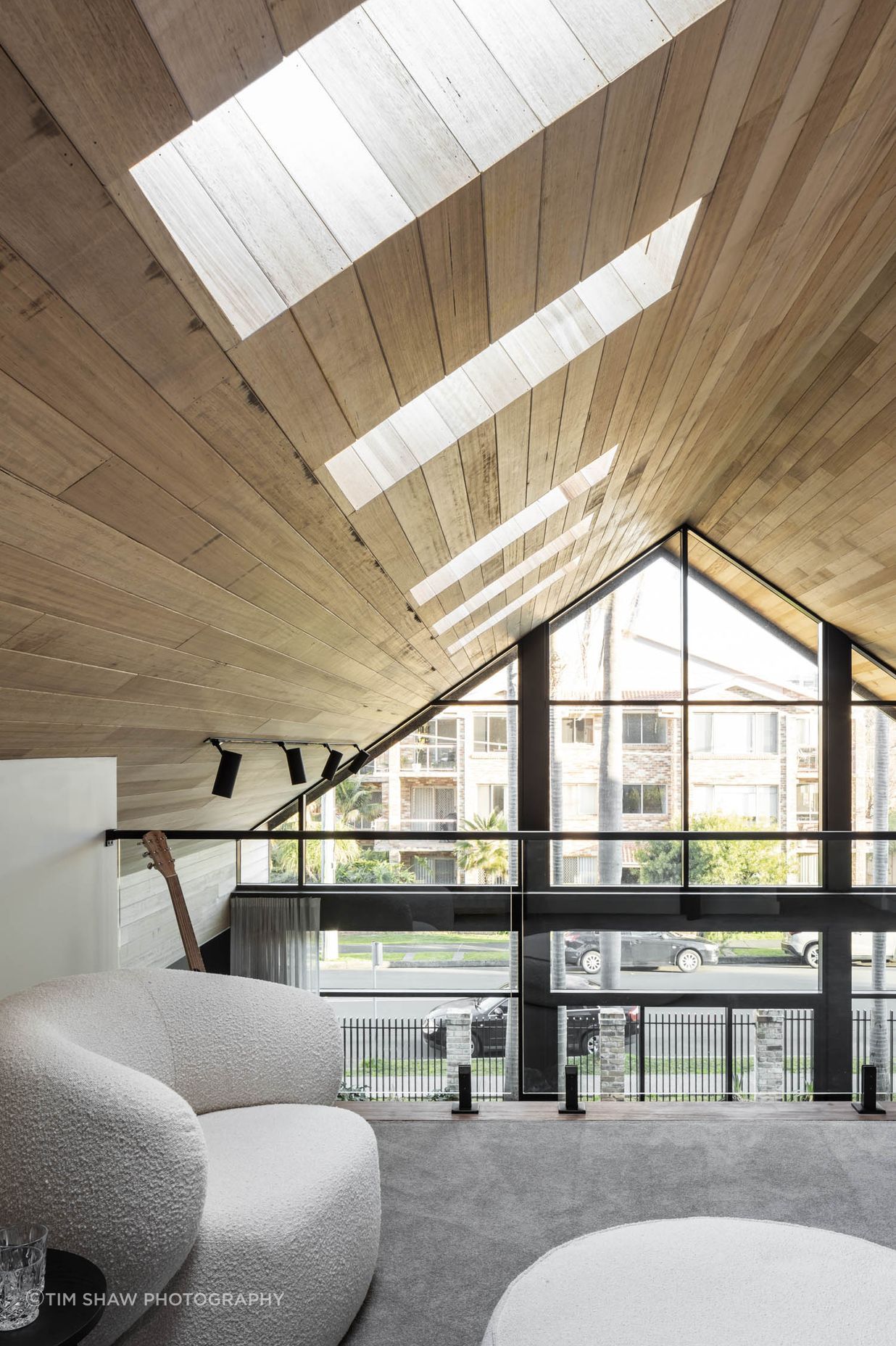 Illuminated by skylights.