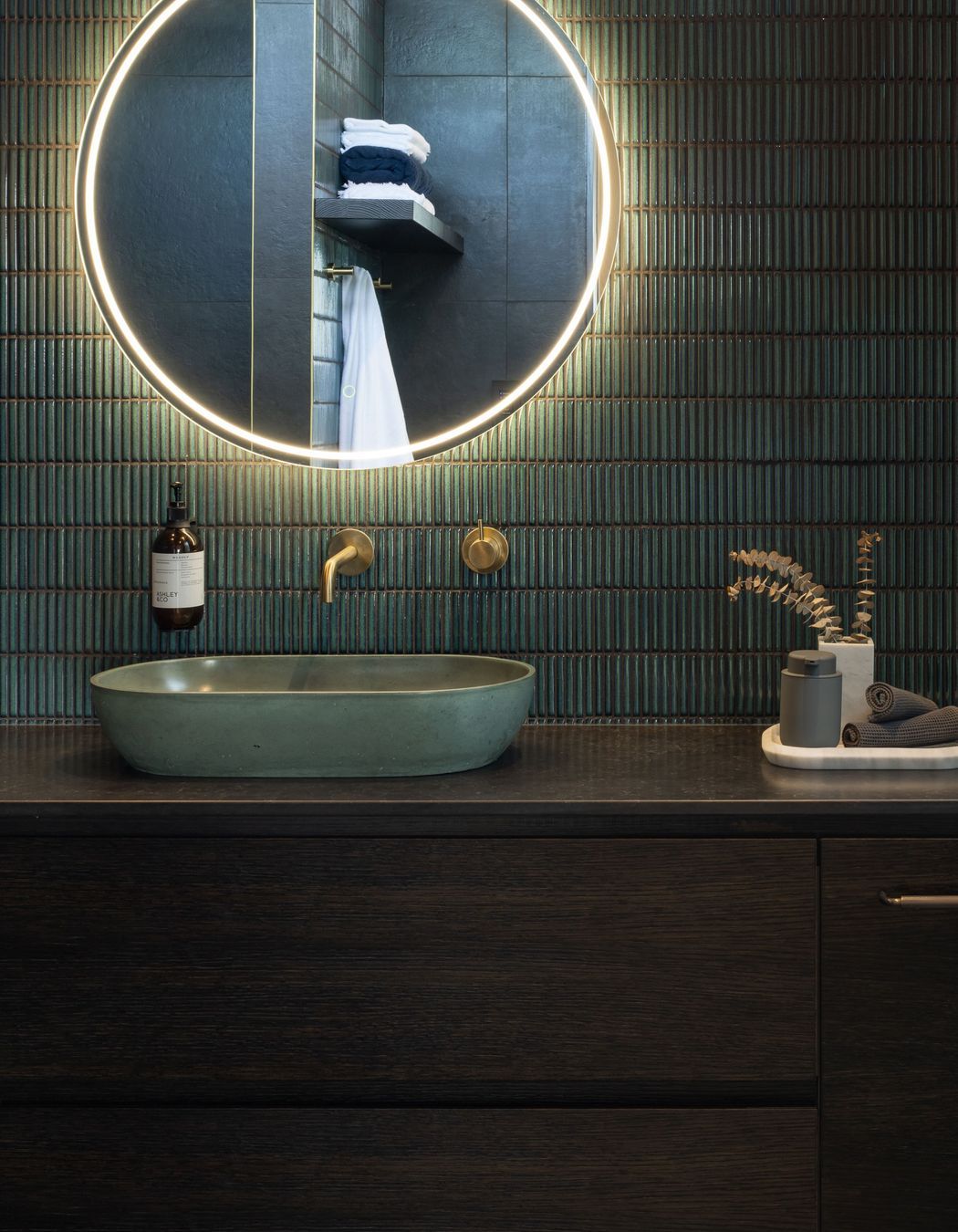 The interior of the Karaka pool house bathroom, where Trinity collaborated with Ben Lewis from Lewis Build.