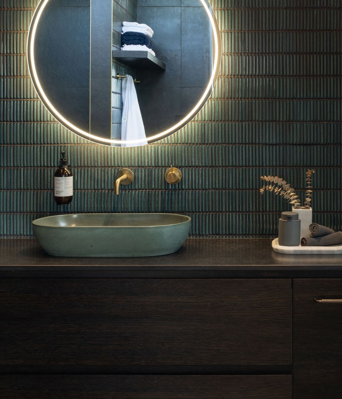 The interior of the Karaka pool house bathroom, where Trinity collaborated with Ben Lewis from Lewis Build.