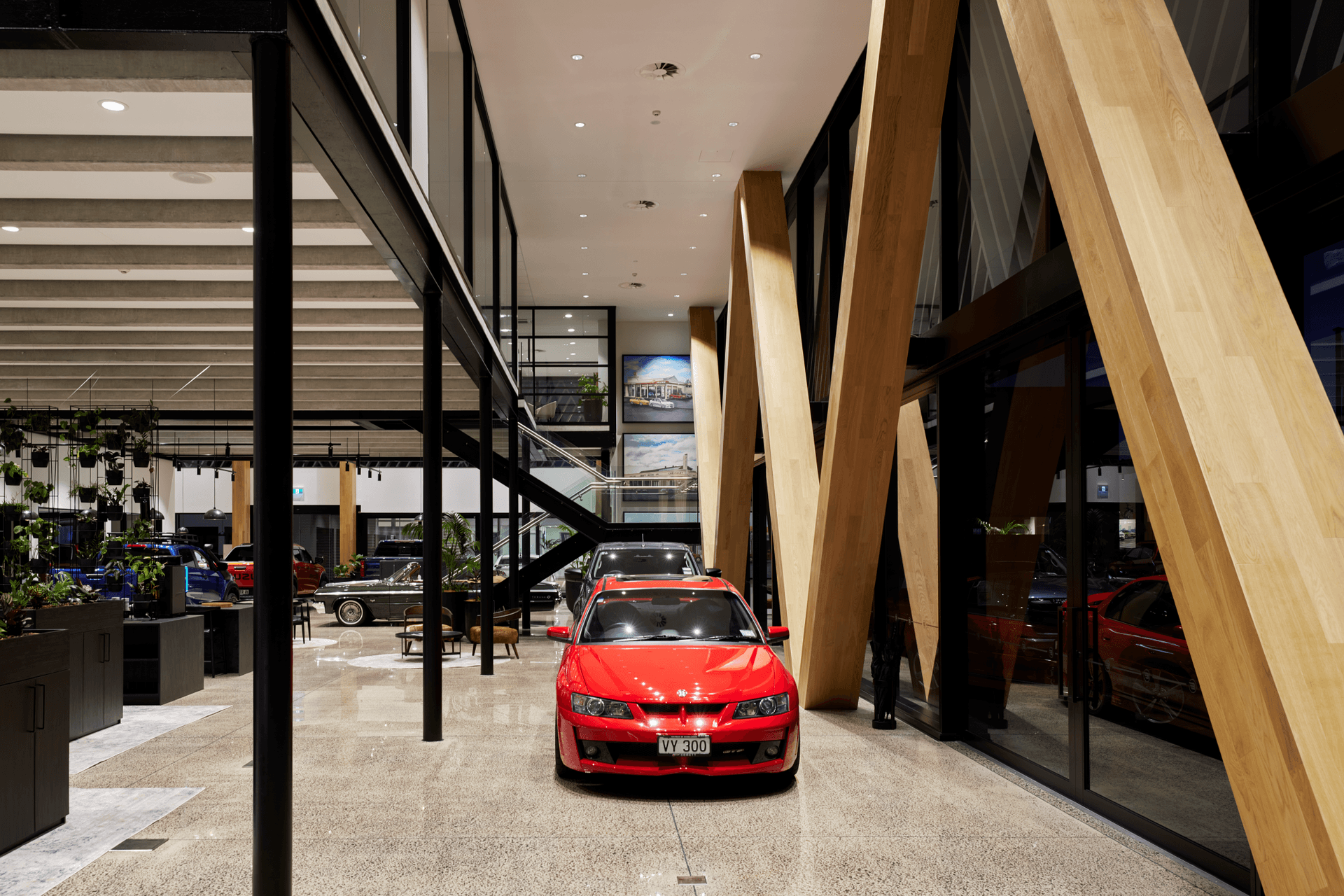 The interior of each dealership has its own colour palette.