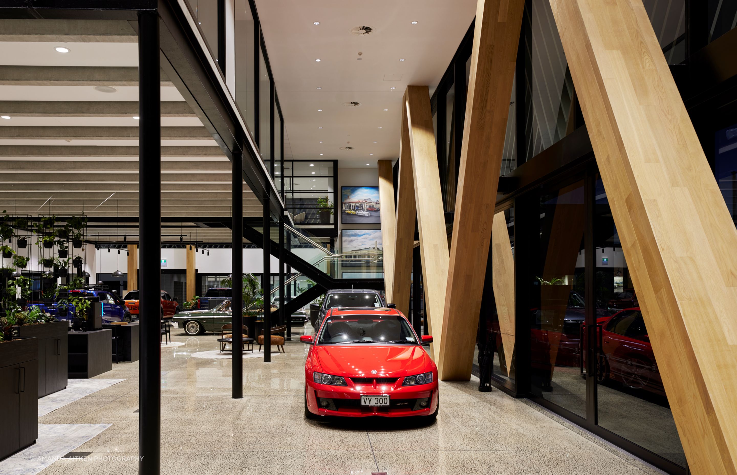 The interior of each dealership has its own colour palette.