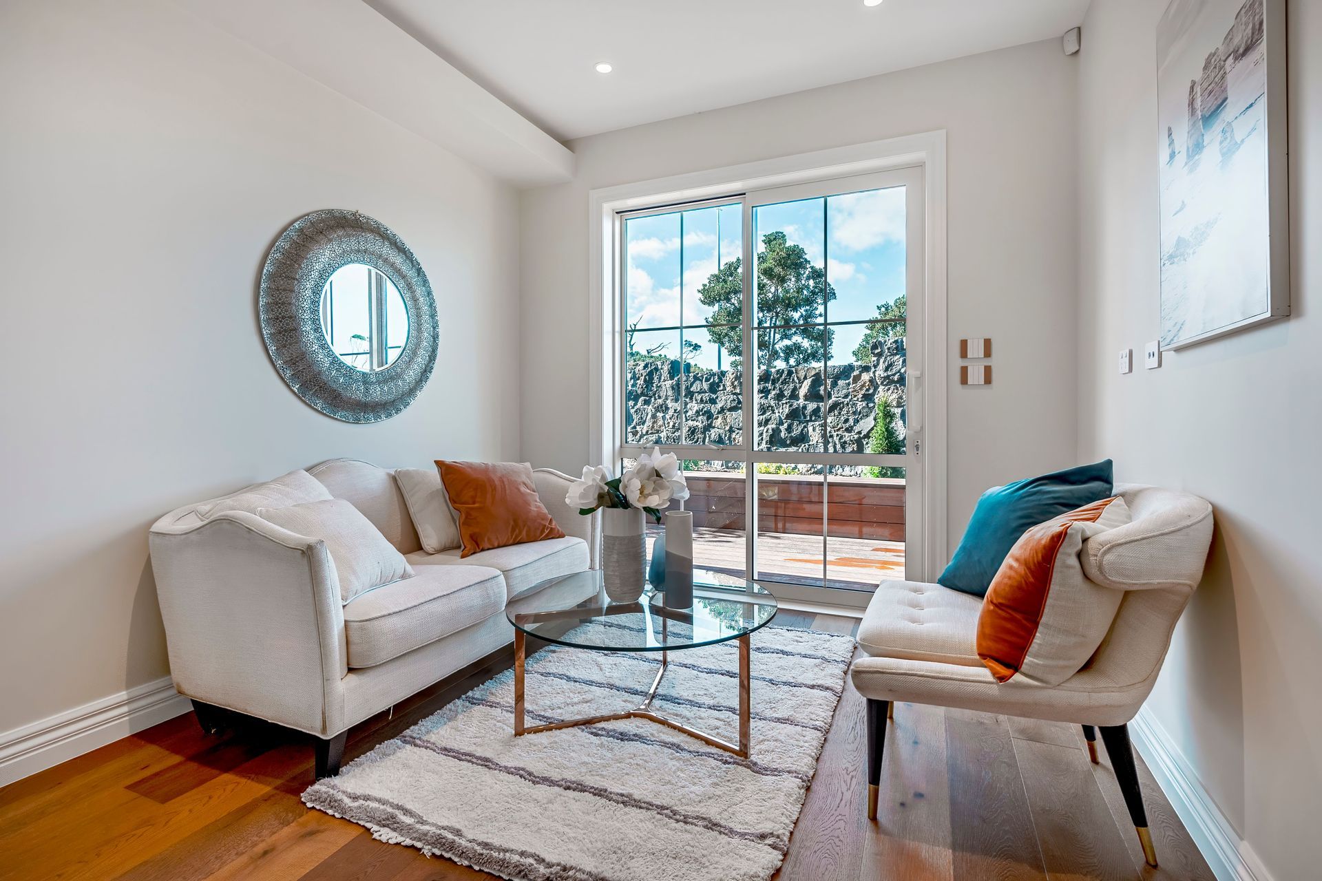 The unit has a living area and two bedrooms.