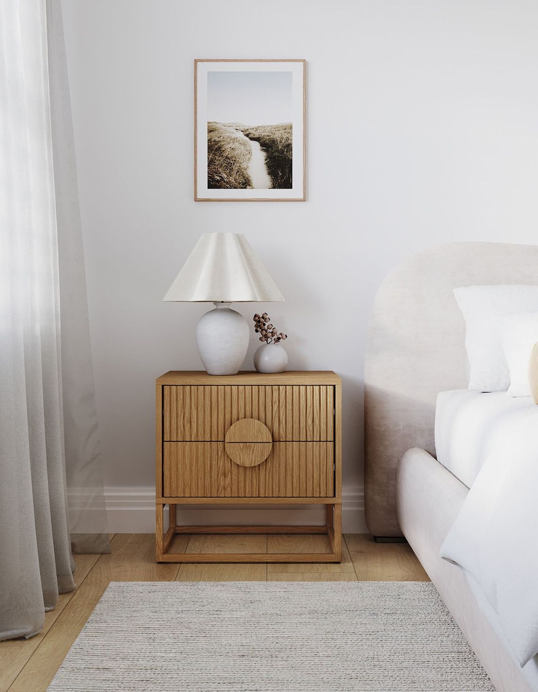 Braxton Ripple Slatted bedside table in natural oak.