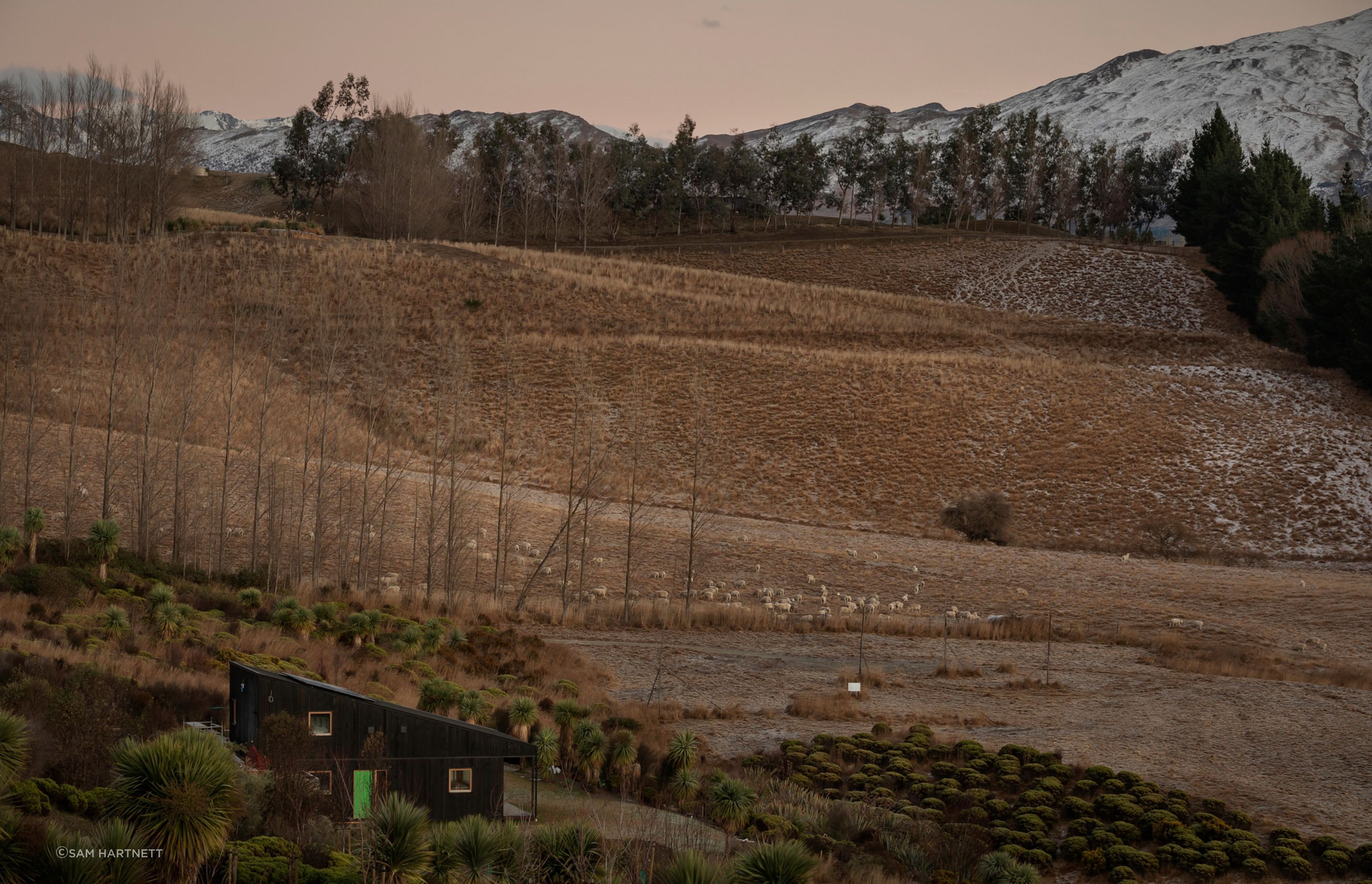 The sheltered, north-facing site overlooks the Southern Alps' snow-capped peaks. On the east side, a green door is a joyful welcome to the lower level, which comprises the main house.