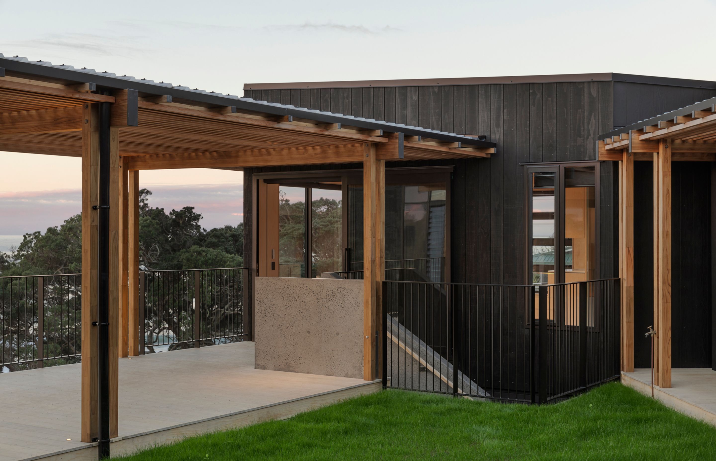 The self-contained part of the house where the homeowners stay when the rest of the family isn’t there and most of the house is shut down. The other wings of the house protect the viewing deck from cold winds.