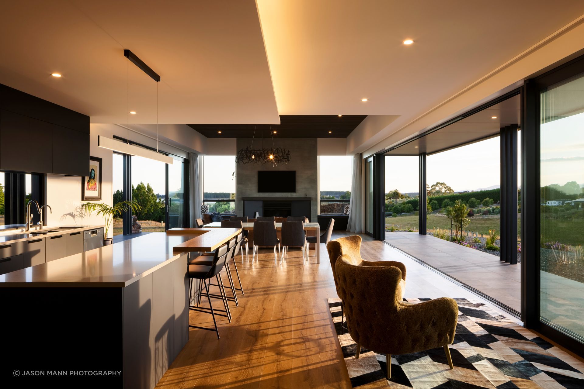 The ceiling varies in height in the main living area to reinforce the pavilion design.