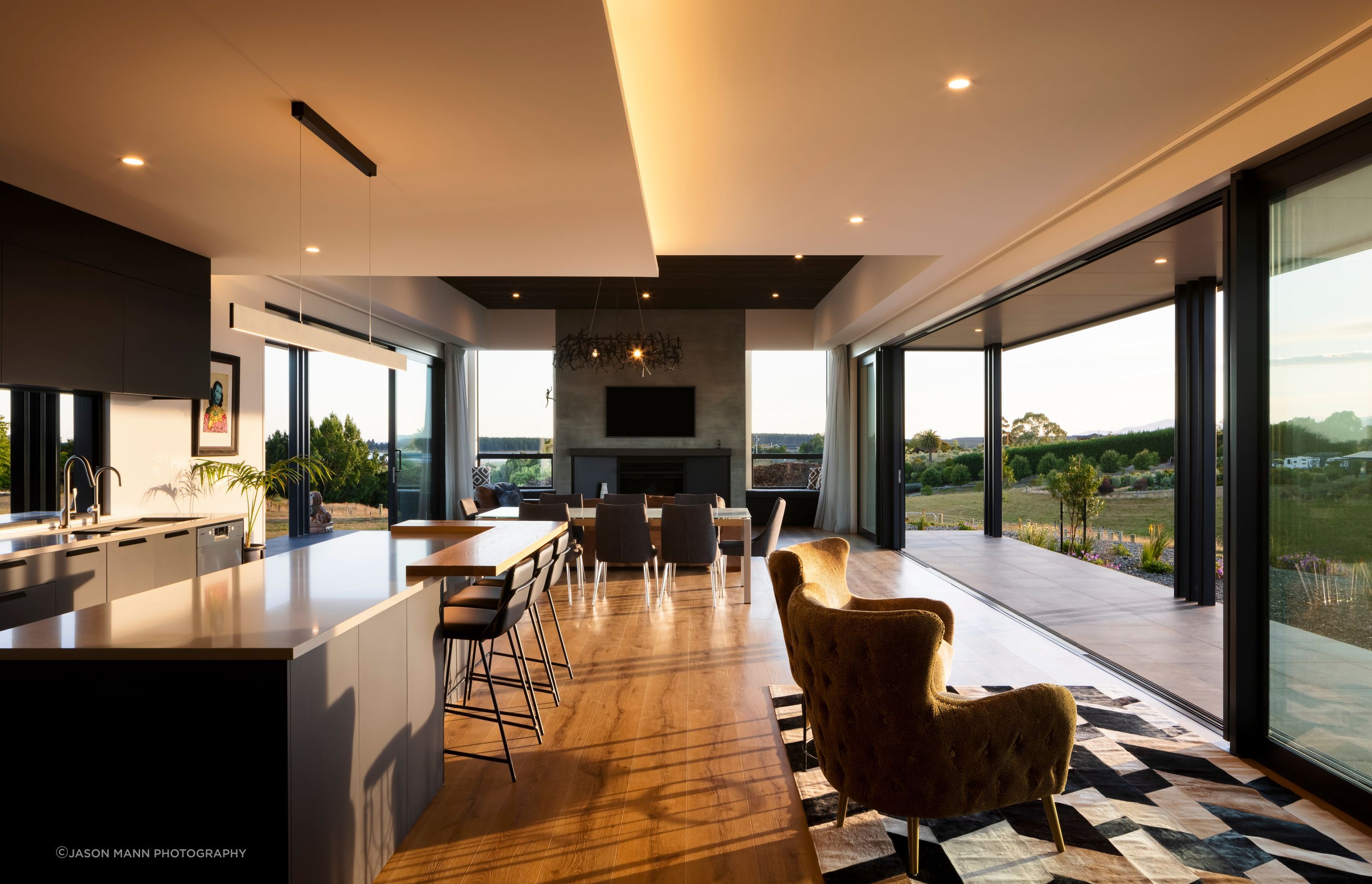 The ceiling varies in height in the main living area to reinforce the pavilion design.