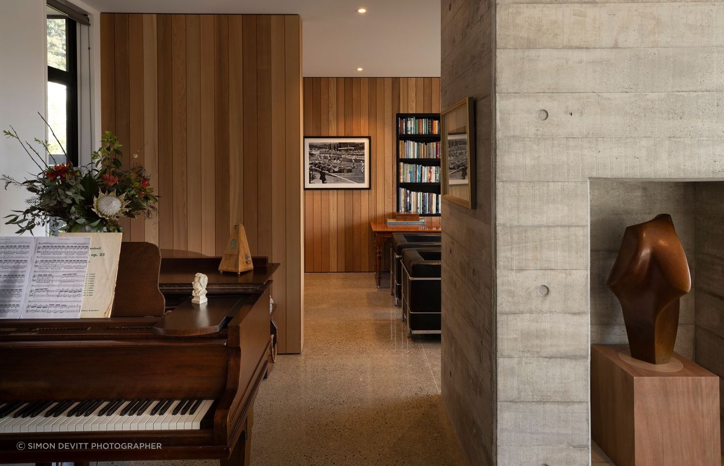 “Externally it’s all insulated concrete,” says Richard, “and we have a hydronically heated concrete floor and walls that are exposed to the sun, which allows us to get a good passive solar gain. Concrete is an interesting material. While the house has rectilinear forms, concrete is quite malleable by nature. It’s low-maintenance and with some craft and care can give a texturally sophisticated aesthetic. Properly used it can help to store and conserve solar energy for a more stable internal temperature gradient.”