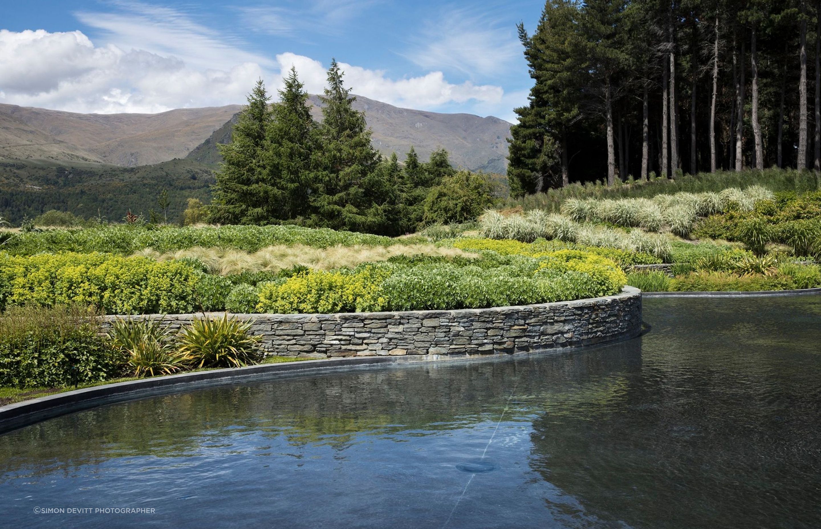 The pool is surrounded by lush, meandering gardens.