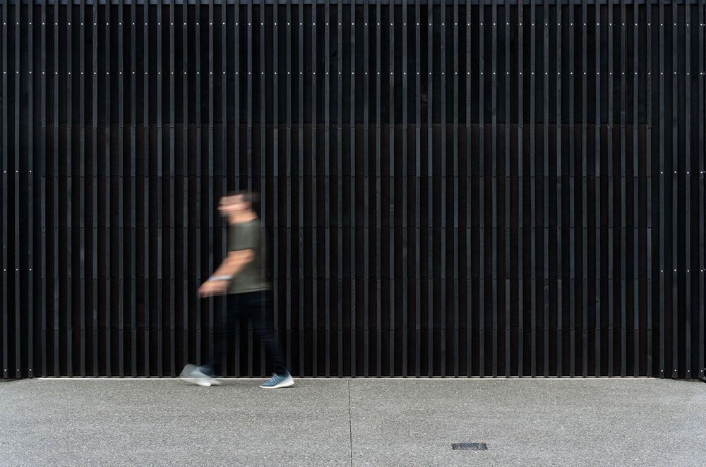 Black-stained vertical timber fins extend upwards, protecting the home from prying eyes.