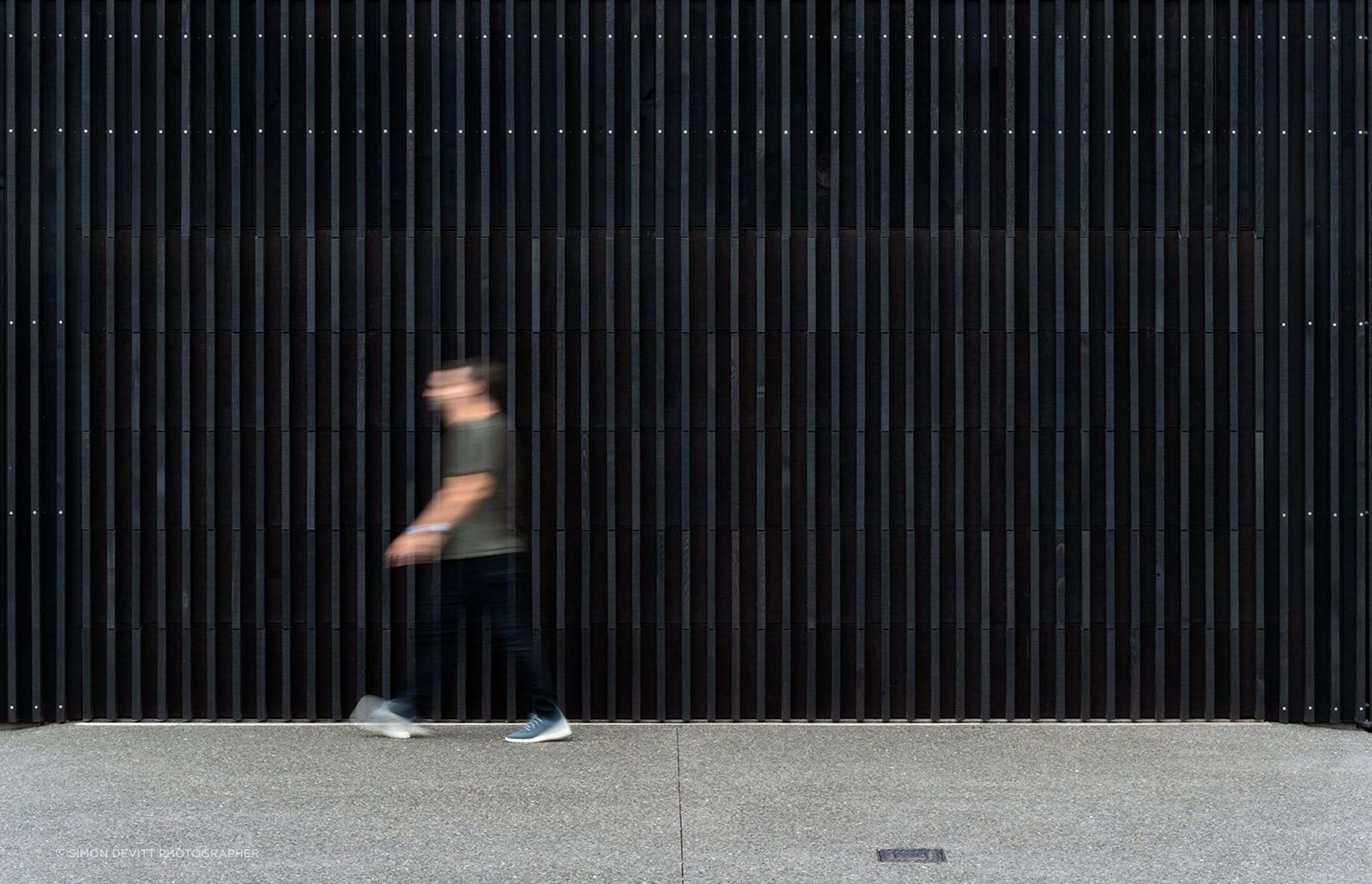 Black-stained vertical timber fins extend upwards, protecting the home from prying eyes. 