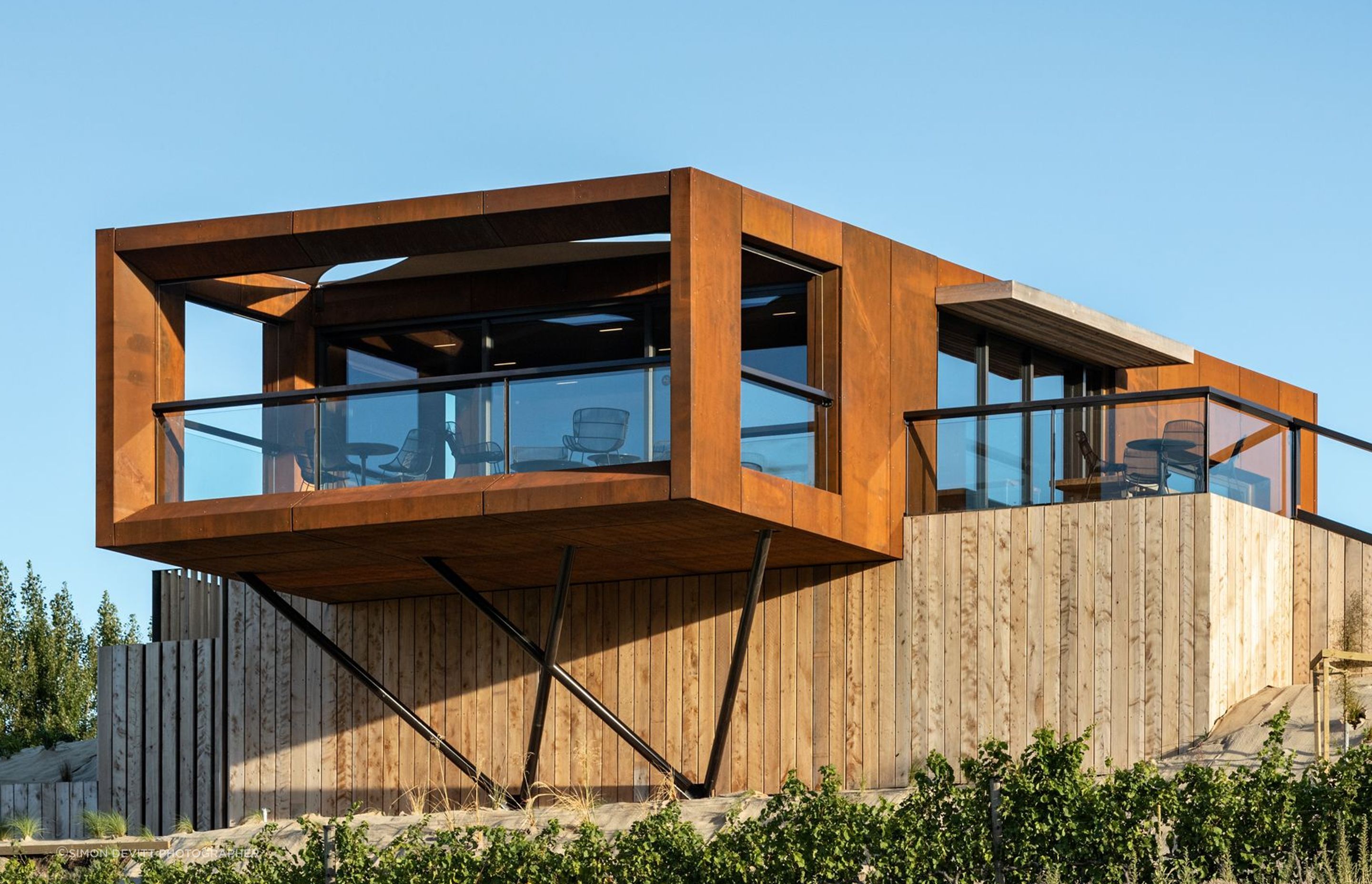 The eye-catching Te Kano Estate cellar door in Bannockburn by Hamish Muir and Matthew Barbour of Mason & Wales Architects is a deceptively small and crafted design. “It's like a treasure box,” says Hamish.