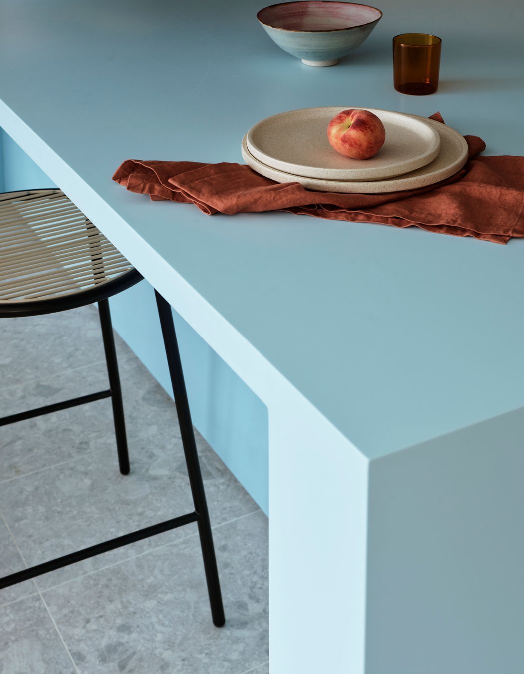 The huge blue Marblo kitchen island is perfect for hosting all the staff.