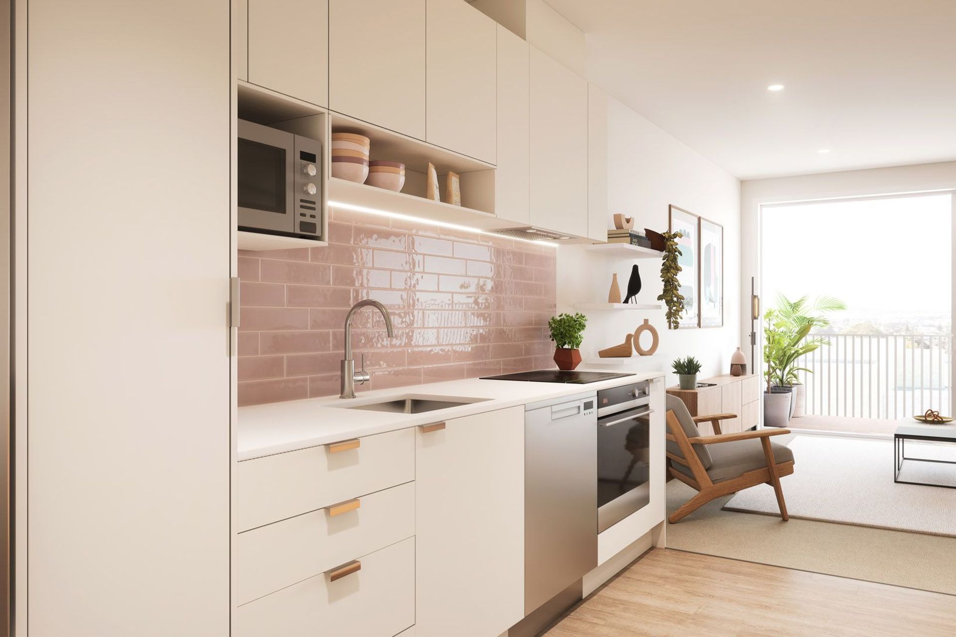 The kitchen material palette features engineered stone benchtops, tiled splashbacks, and Methven tapware.