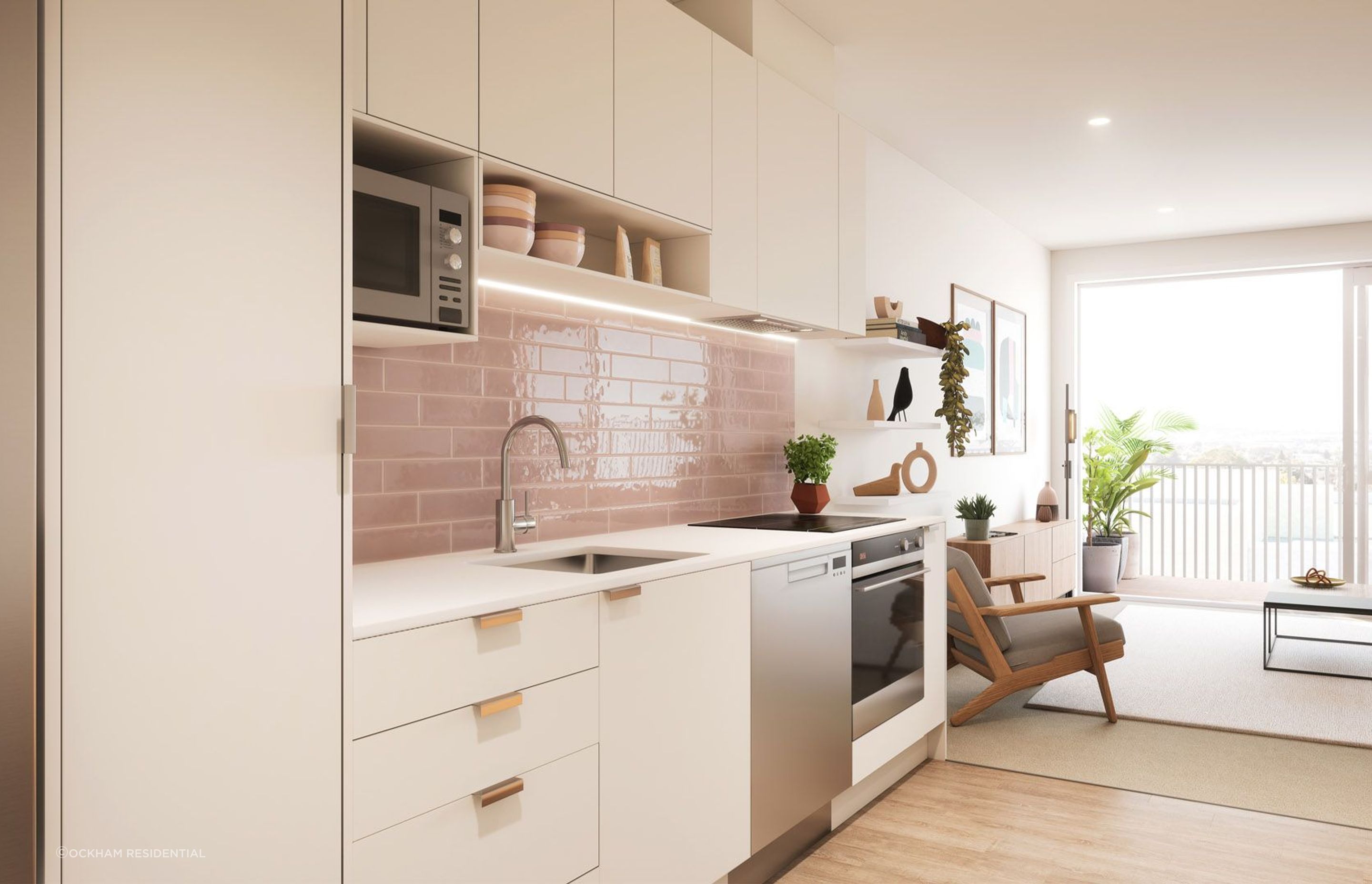 The kitchen material palette features engineered stone benchtops, tiled splashbacks, and Methven tapware.