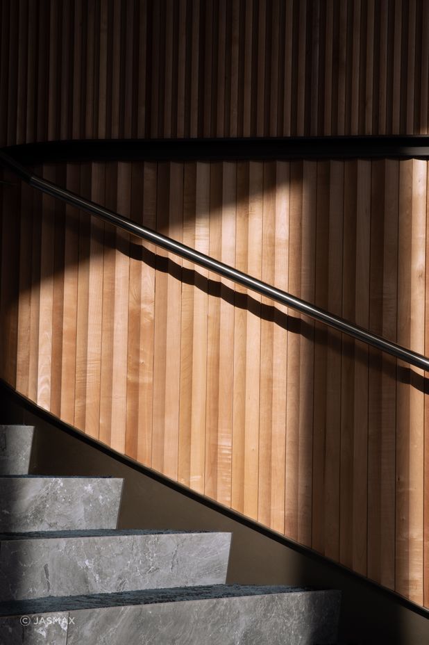 Light and shadows accentuate the beak profile of the timber battens.