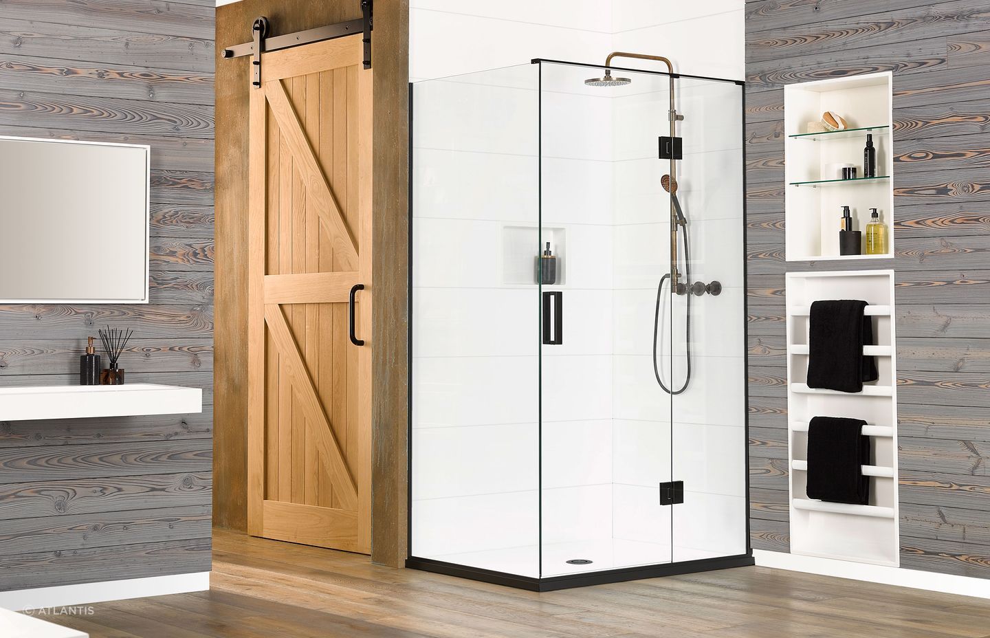 It's easy to spend time in a shower like the Black Pearl, complemented by Ellure Tile Look Walls.