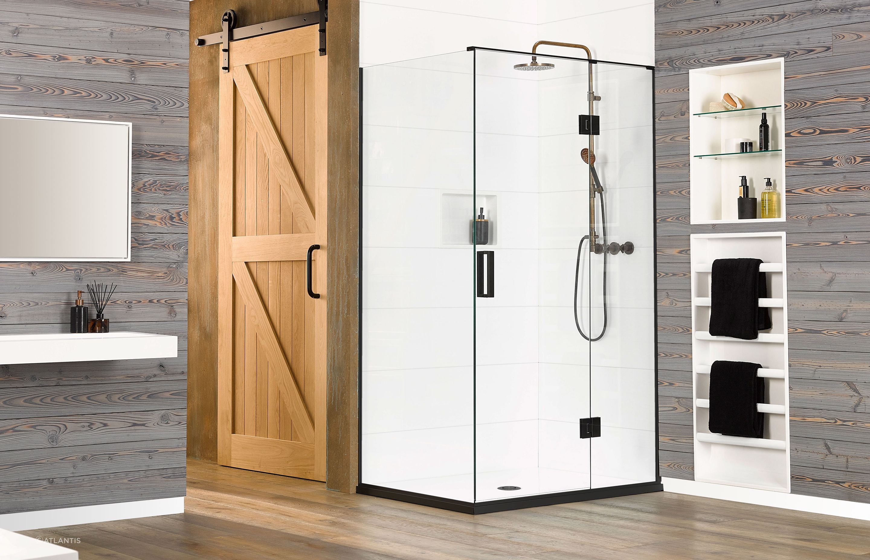 It's easy to spend time in a shower like the Black Pearl, complemented by Ellure Tile Look Walls