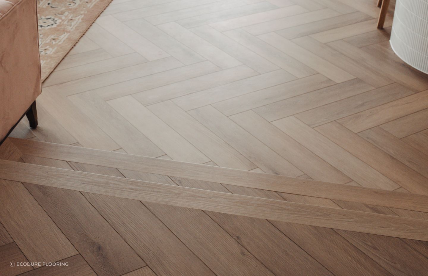 Each 7.5mm thick plank in the herringbone pattern has a gently bevelled edge and is designed to lock into its fellow planks for a genuine, dynamic, waterproof installation. Ecodure also supplies accessories like trims and square-nose staircase finishes to ensure the floor is finished to a high standard regardless of application.