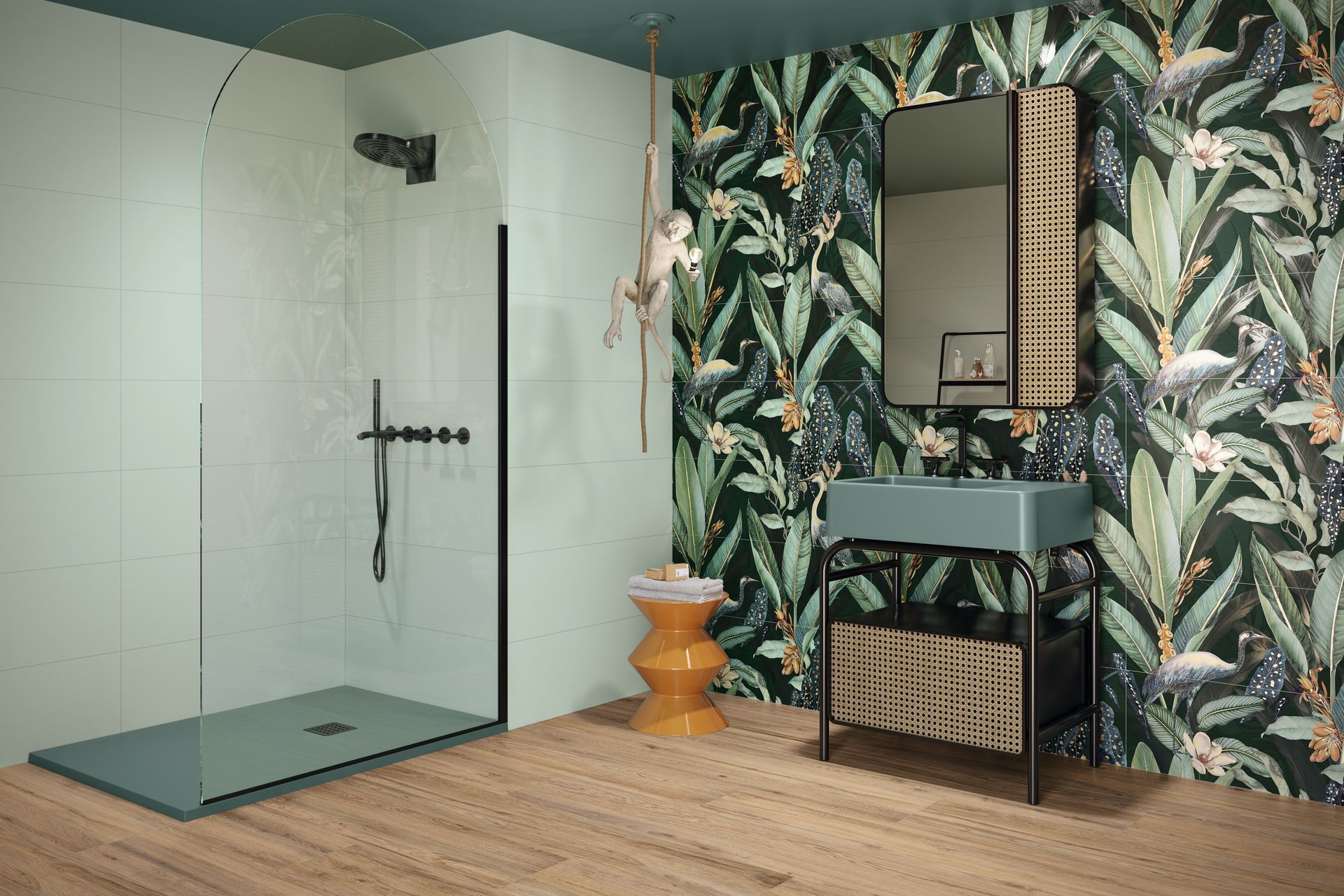 This striking floral tile with matching porcelain timber-tile flooring is a standout from one of Tile Warehouse’s upcoming new ranges, Colorful