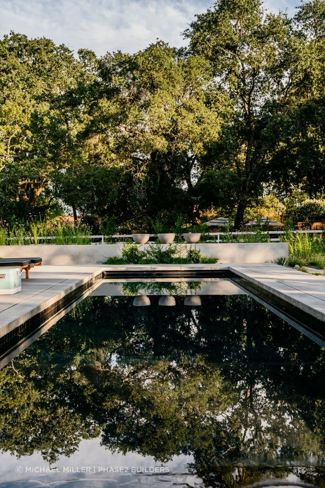 McCarthy's Napa project features a 40-foot lap pool made of dark grey plaster that deepens reflections as the evening light softens.