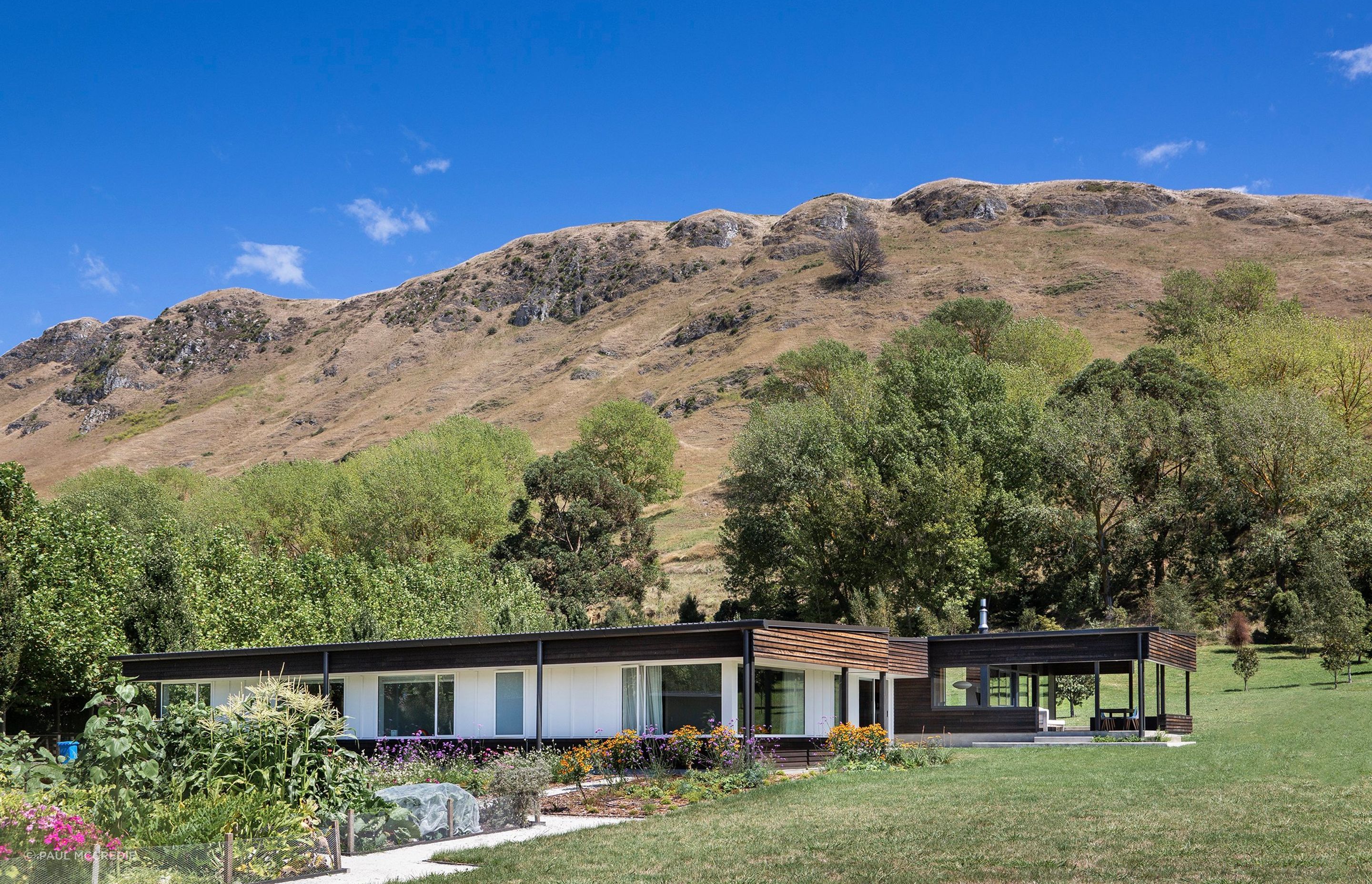 The single-storey house integrates dark and light tones in a loose reference to a magpie bird.