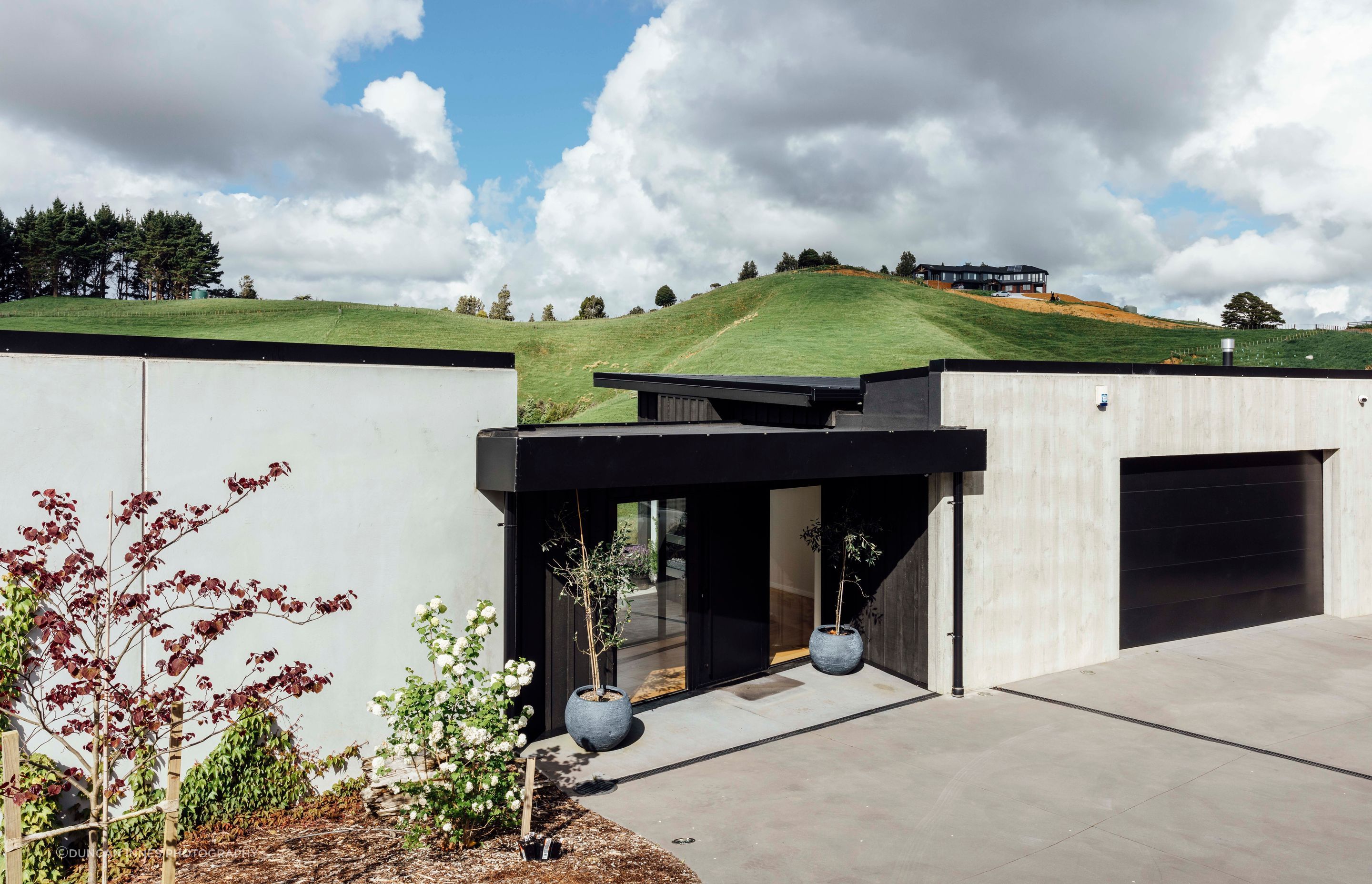 The two uses of the concrete tilt panels are on show at the entrance. On the garage/guest room/den end, the textured side is used vertically. On the main part of the house, the texture is inside and planting enhances the smooth concrete externally.