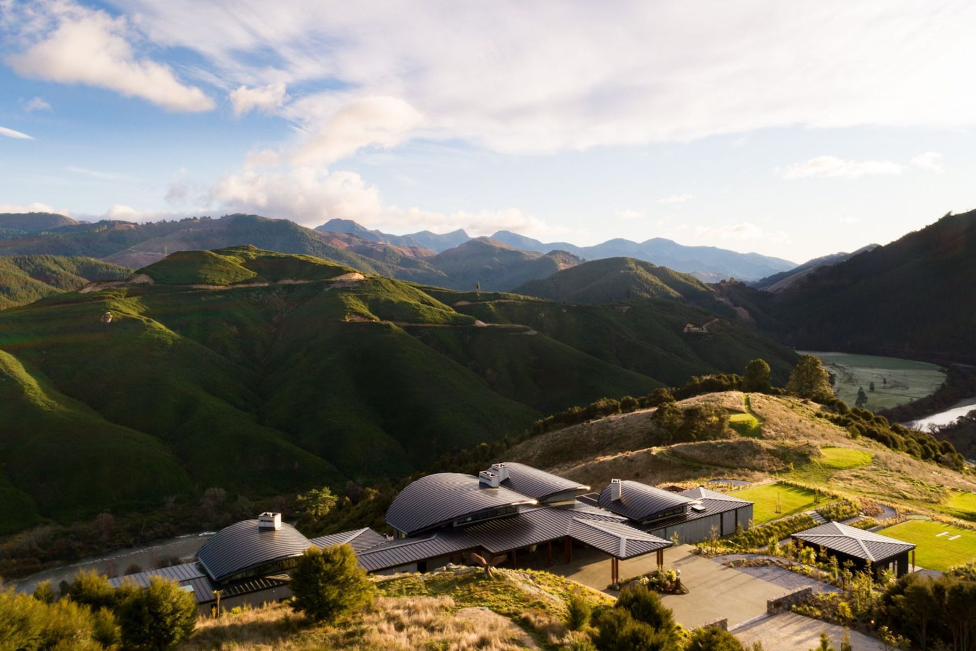 Falcon Brae Villa, situated above Motueka River and adjacent to national parks. “It has a really lovely view of the river and you can hear the rapids, so we were trying to engage with that,” says Simon Hall of Jerrram Tocker Barron Architects.