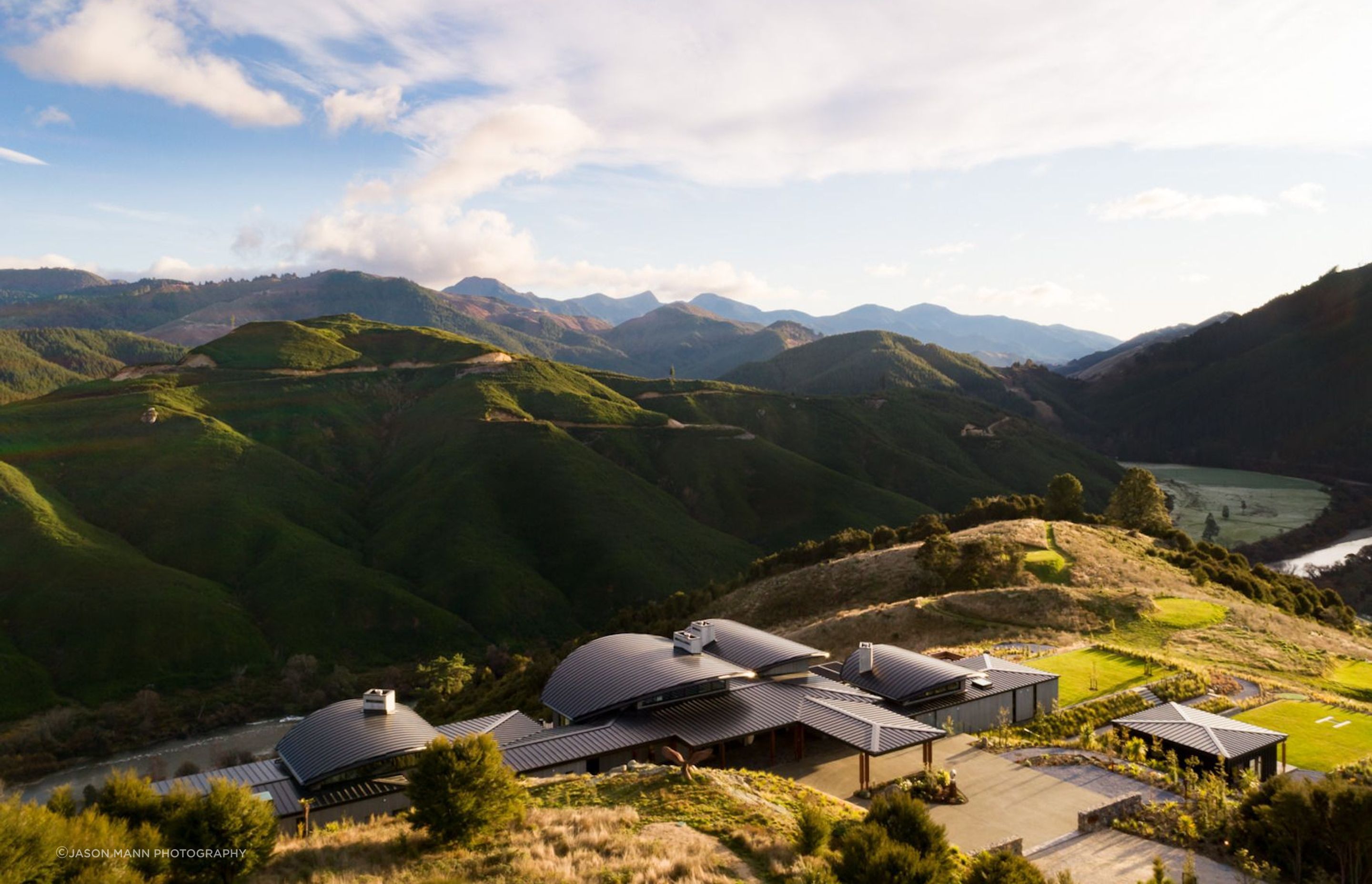 Falcon Brae Villa, situated above Motueka River and adjacent to national parks. “It has a really lovely view of the river and you can hear the rapids, so we were trying to engage with that,” says Simon Hall of Jerrram Tocker Barron Architects.