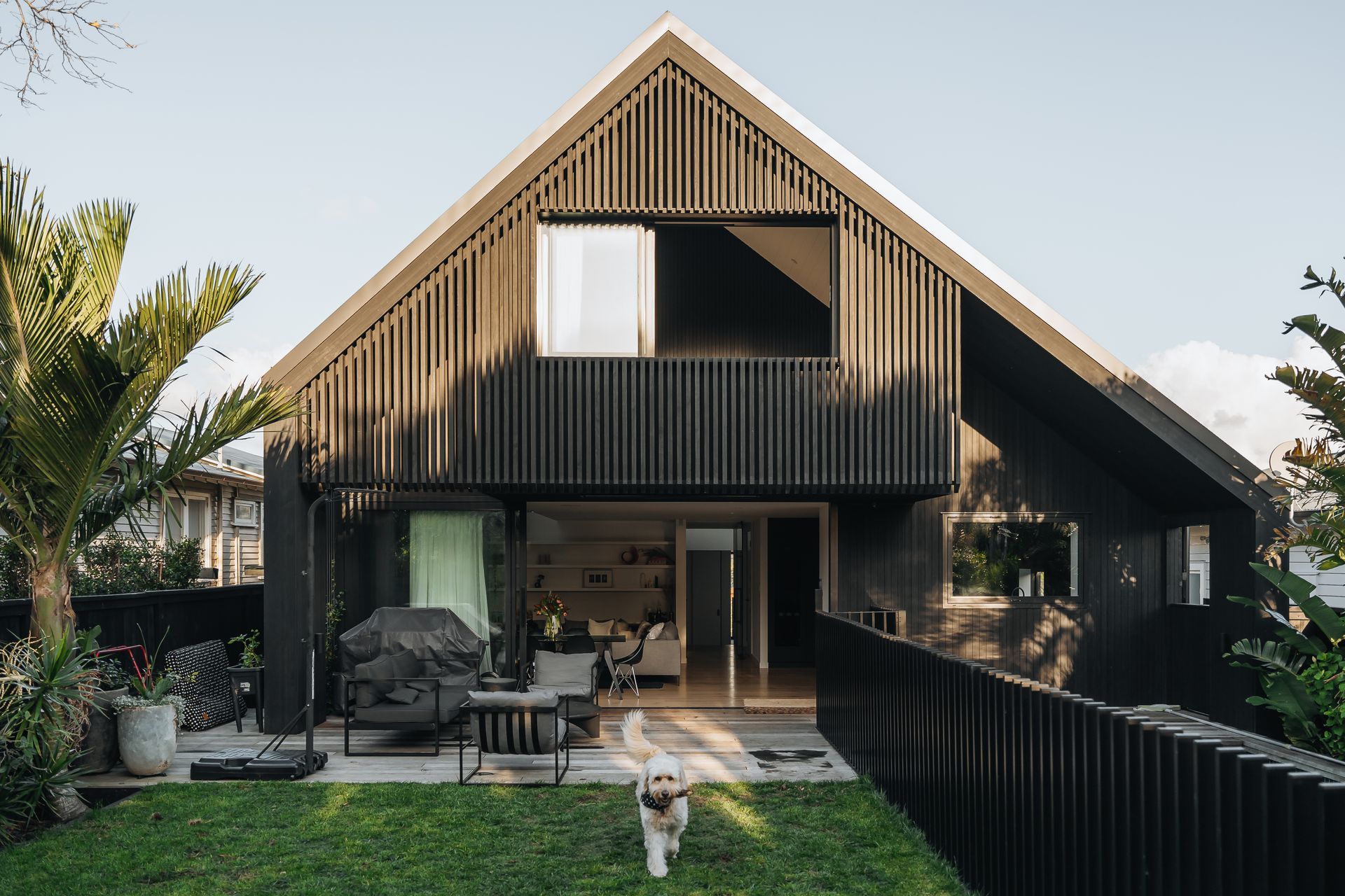 The backyard has grass for the children and family dog to enjoy, with a pool to the side.