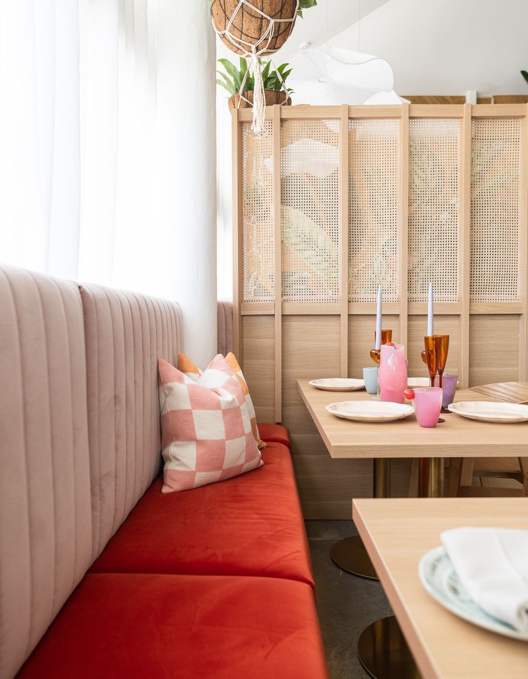 Burnt amber seating adds a touch of drama.